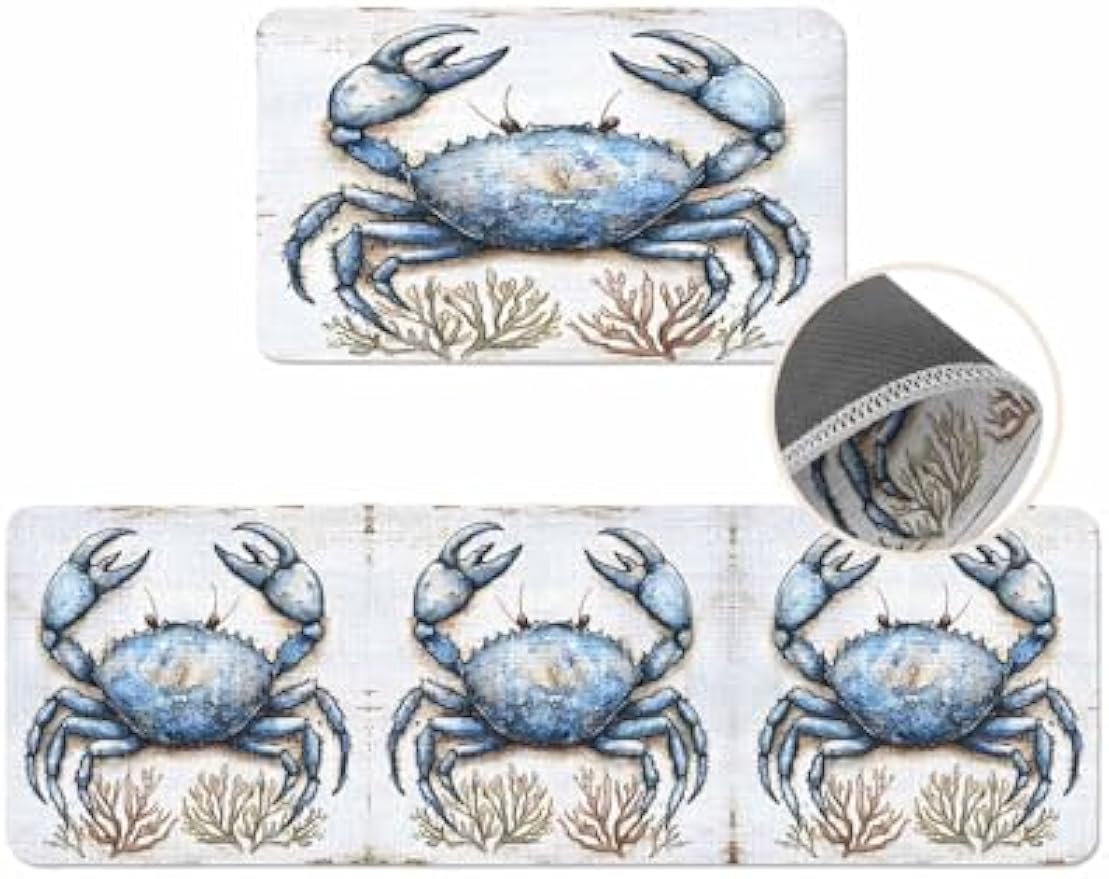 Ocean Crab Coral Kitchen Mat Set of 2, Cushioned Anti-Fatigue Kitchen Rugs, Waterproof & Non-Slipping Kitchen Mat for Floor, Summer Watercolor Kitchen Rugs and Mats for Kitchen Laundry