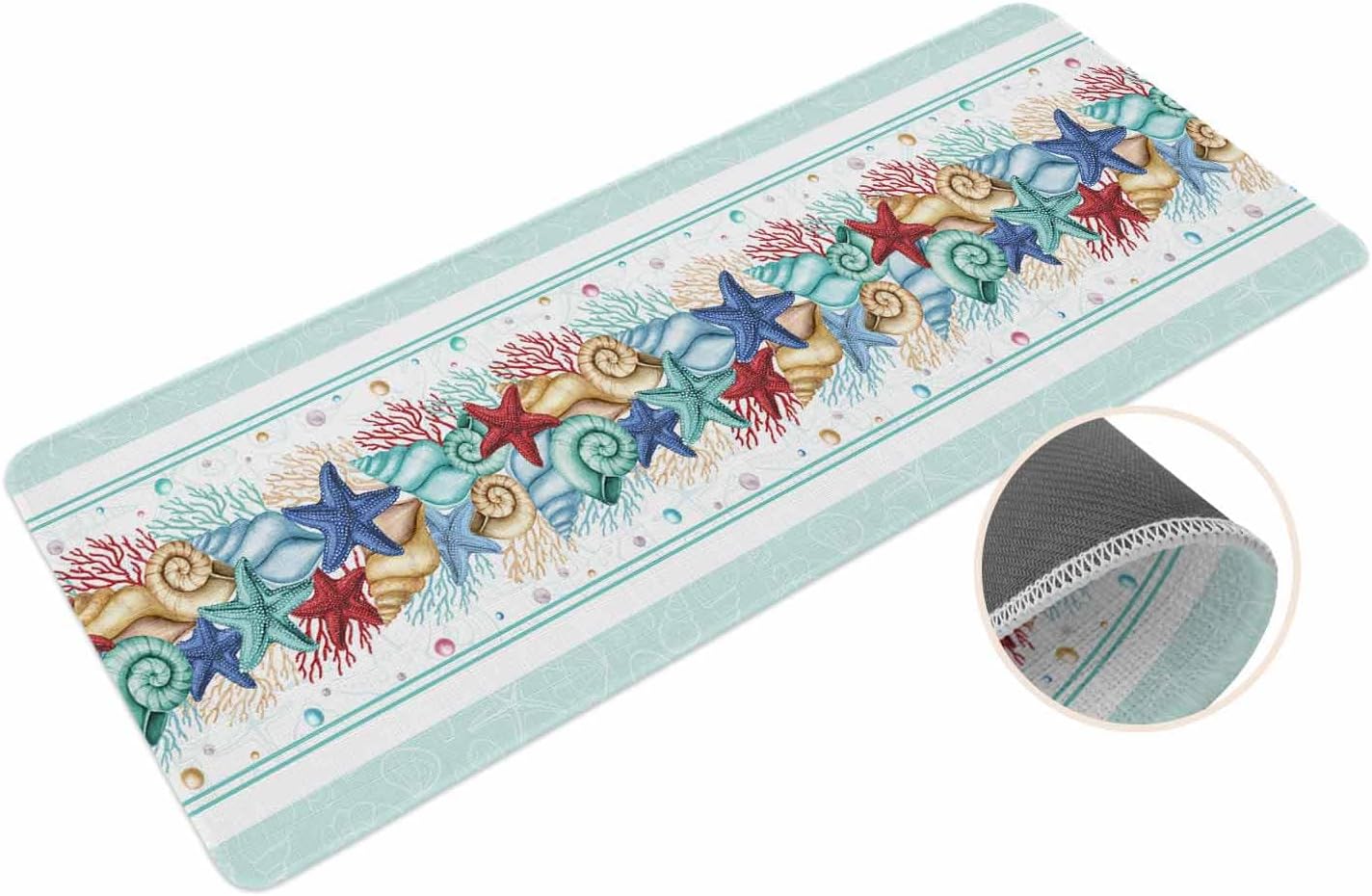 Coastal Beach Kitchen Mat for Floor Nautical Ocean Seashell Coral Starfish Kitchen Runner Rug Set of 2,Non Slip, Lake Blue Summer Anti Fatigue Comfort Standing Mat Kitchen,Sink,Laundry Room,Hallway
