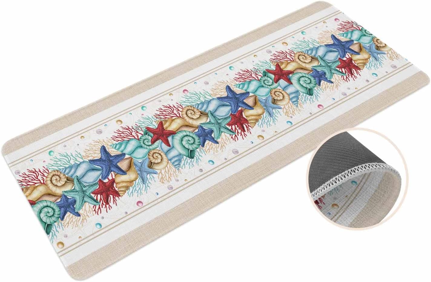 Coastal Beach Kitchen Mat for Floor Nautical Ocean Seashell Coral Starfish Kitchen Runner Rug Set of 2,Non Slip, Lake Blue Summer Anti Fatigue Comfort Standing Mat Kitchen,Sink,Laundry Room,Hallway