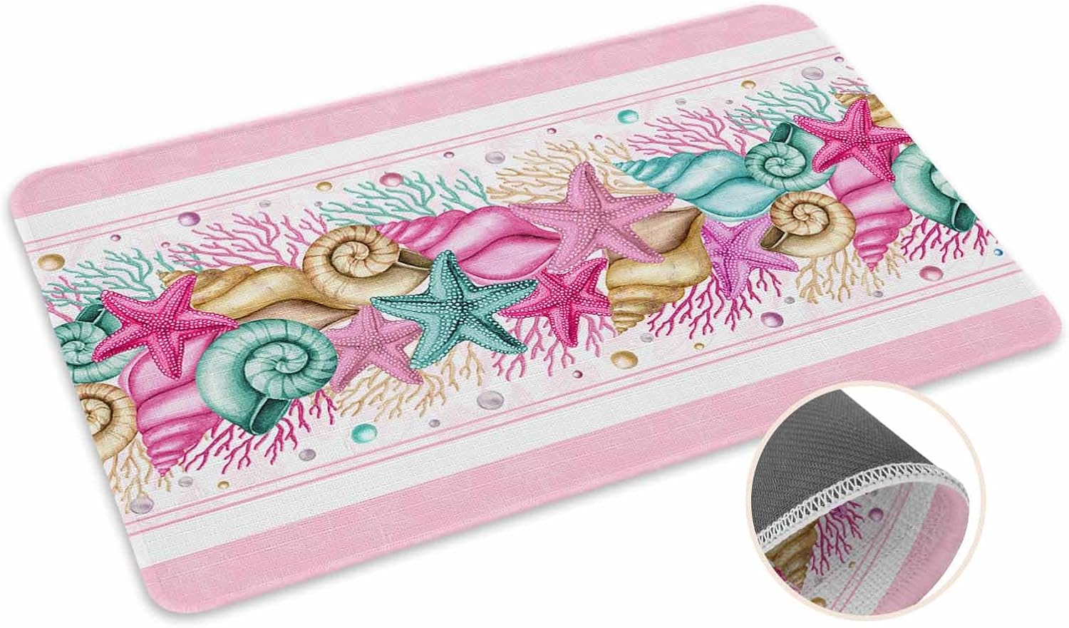 Coastal Beach Kitchen Mat for Floor Nautical Ocean Seashell Coral Starfish Kitchen Runner Rug Set of 2,Non Slip, Lake Blue Summer Anti Fatigue Comfort Standing Mat Kitchen,Sink,Laundry Room,Hallway