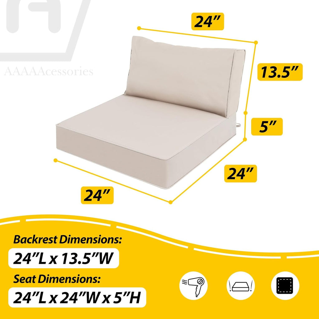 AAAAAcessories Outdoor Deep Seat Cushions, Waterproof, Fade-Resistant Patio Furniture Replacement Cushions, 24" x 24" x 5" + 24" x 13.5", Khaki Beige