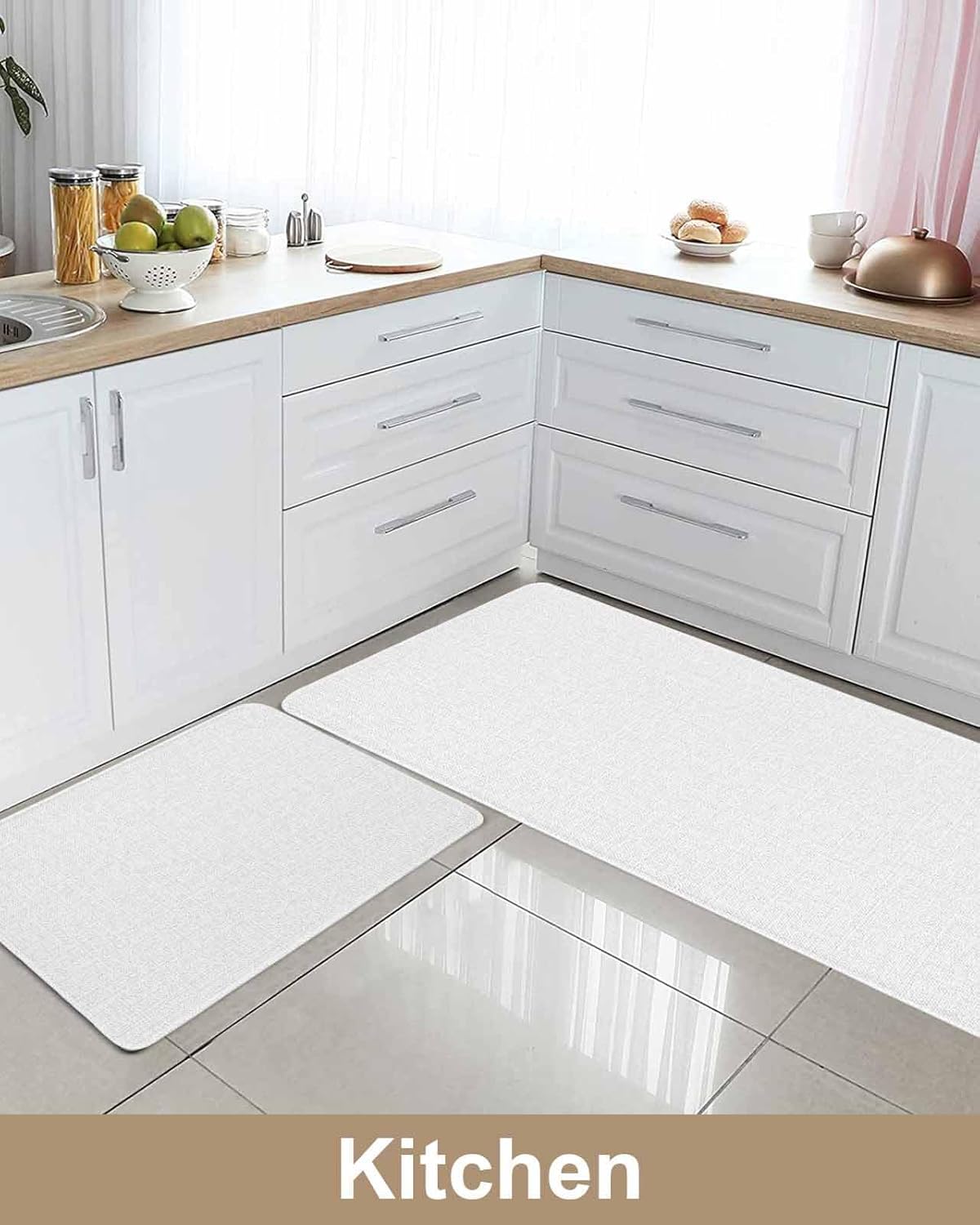 White Kitchen Mat Set of 2, Cushioned Anti-Fatigue Kitchen Rugs, Waterproof Non-Slip Kitchen Mat for Floor, Durable Kitchen Rugs and Mats for Kitchen & Laundry