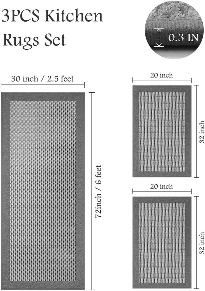 PADOOR Non Slip Kitchen Rugs Sets of 3 - Extra Large 2.5'x6' + 20"x32" + 20"x32" Runner Rugs for Kitchen Floor Non Skid Washable, Absorbent Kitchen Mat for in Front of Sink 3 Piece Grey