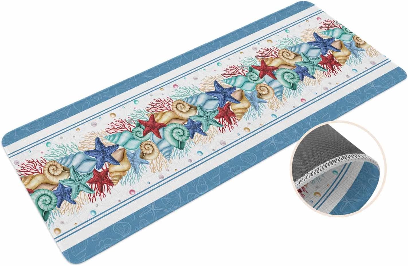 Coastal Beach Kitchen Mat for Floor Nautical Ocean Seashell Coral Starfish Kitchen Runner Rug Set of 2,Non Slip, Lake Blue Summer Anti Fatigue Comfort Standing Mat Kitchen,Sink,Laundry Room,Hallway