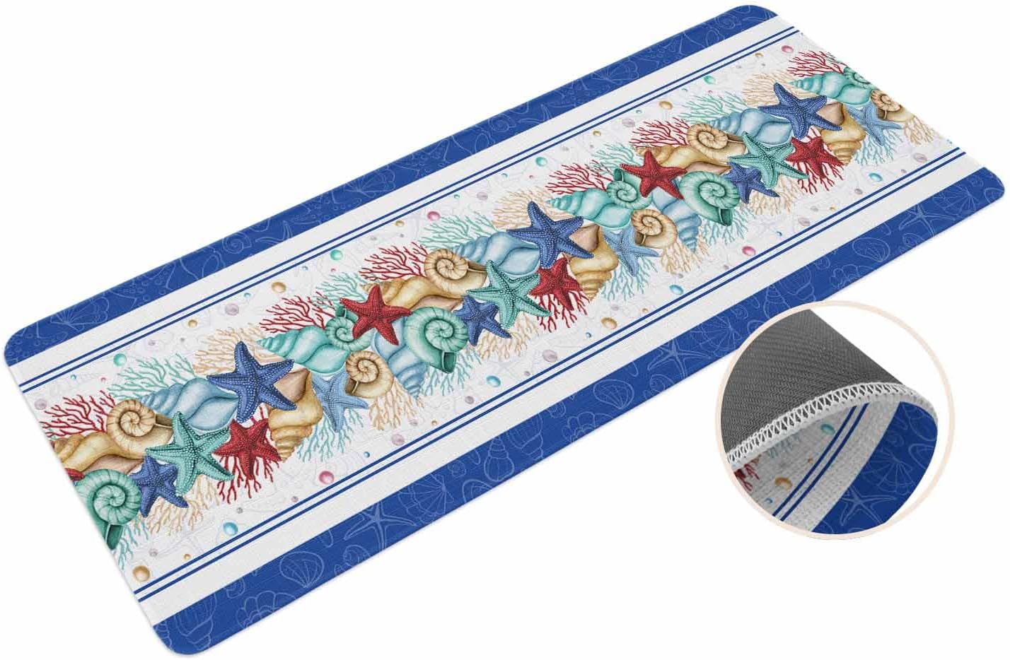 Coastal Beach Kitchen Mat for Floor Nautical Ocean Seashell Coral Starfish Kitchen Runner Rug Set of 2,Non Slip, Lake Blue Summer Anti Fatigue Comfort Standing Mat Kitchen,Sink,Laundry Room,Hallway