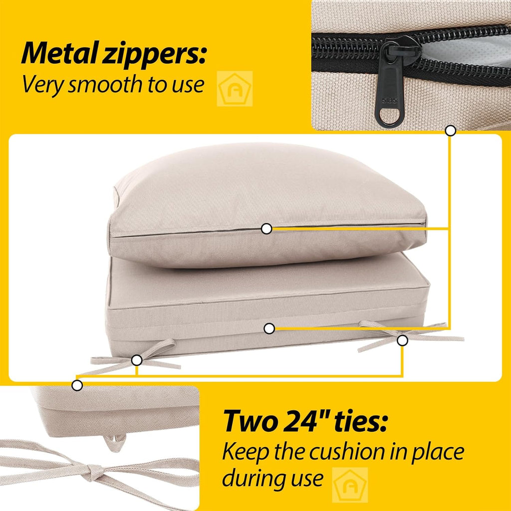 AAAAAcessories Outdoor Deep Seat Cushions, Waterproof, Fade-Resistant Patio Furniture Replacement Cushions, 24" x 24" x 5" + 24" x 13.5", Khaki Beige