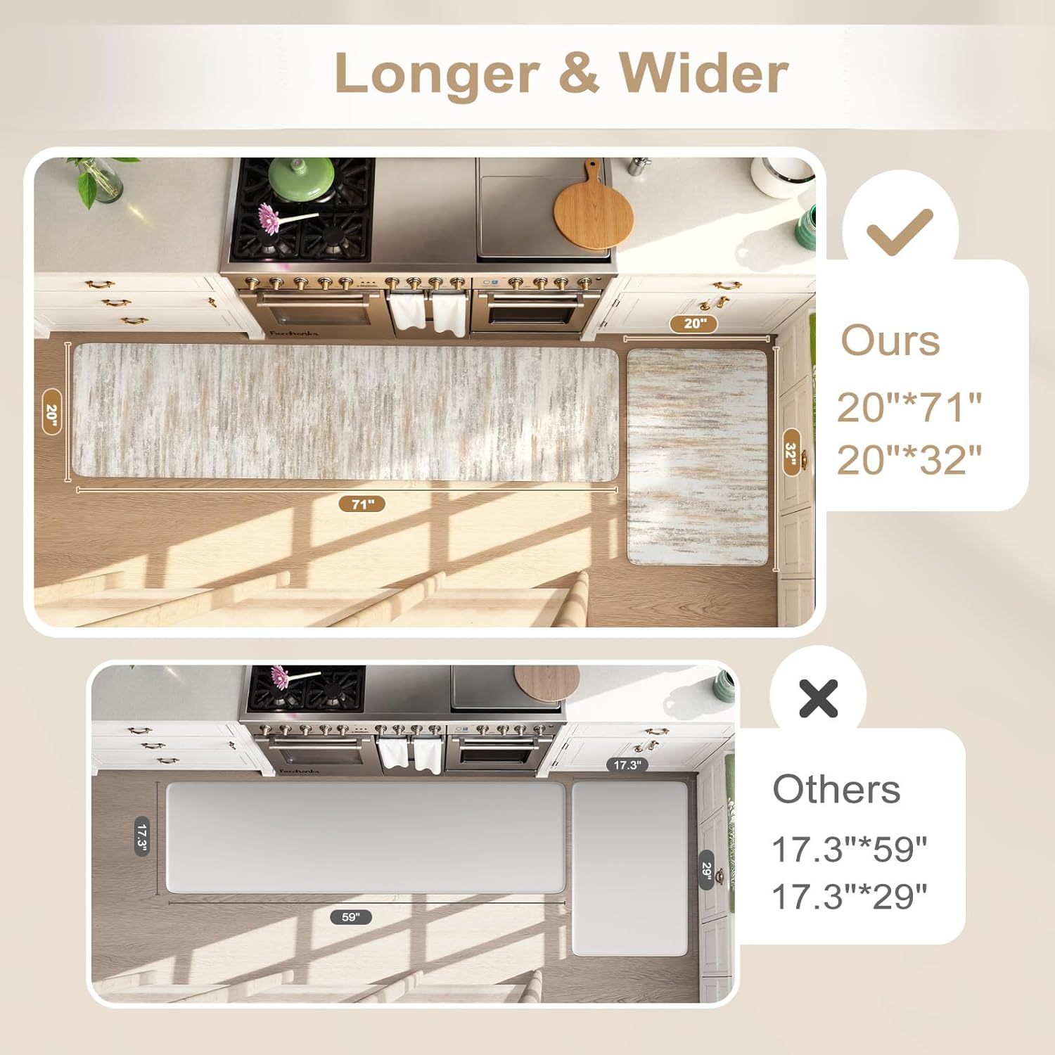 KIMODE Kitchen Anti Fatigue Mats, Farmhouse Abstract Kitchen Rugs Sets of 2, Memory Foam Kitchen Mats for Floor, Waterproof Non Skid Standing Mats for Sink Laundry Office Desk Brown 20"x71"+20"x32"