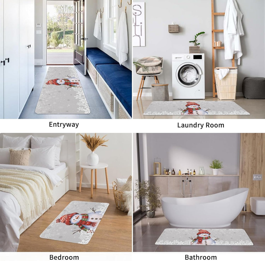 Christmas Snowman Snowflake Kitchen Mat Set of 2,Anti-Fatigue Kitchen Rugs,Waterproof Non-Slipping Kitchen Mat for Floor,Grey White Winter Holiday Durable Kitchen Rugs and Mats for Kitchen & Laundry