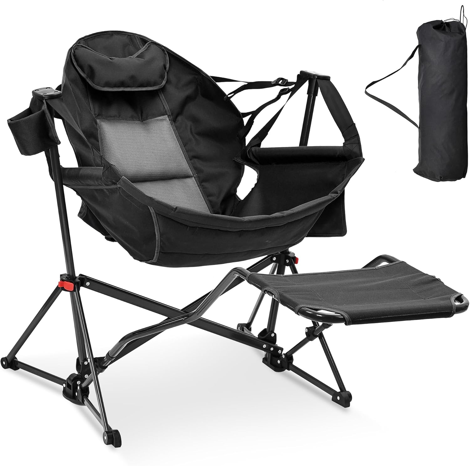 Ainfox Hammock Camping Chair with Footrest, Foldable Portable Rocking Chairs for Adults Outside Swinging Camp with Cup Holder Pillow for Outdoor Patio Poolside (Black)