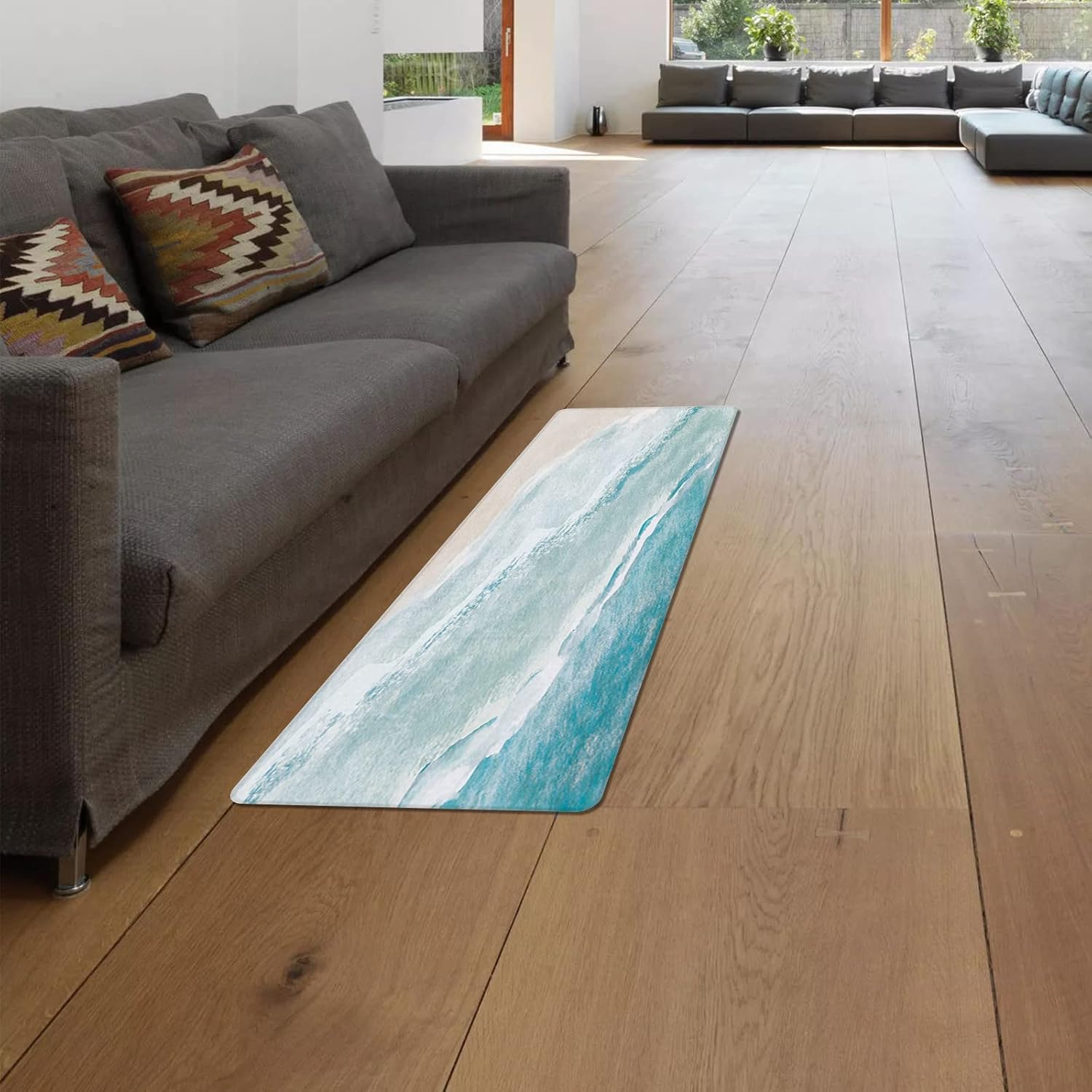 Kitchen Floor Mats, Watercolor Blue Ocean Beach 2 PCS Anti Fatigue Area Runner Rugs Set Oil Painting Coastal Seascape Non-Slip Bathroom Comfort Standing Mat Home Decor