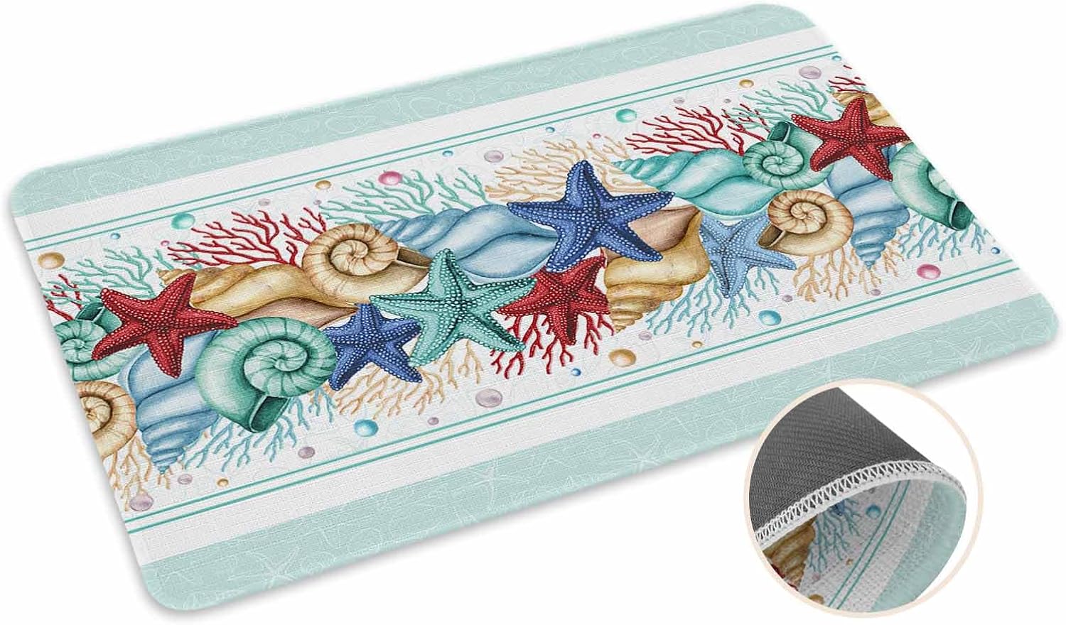 Coastal Beach Kitchen Mat for Floor Nautical Ocean Seashell Coral Starfish Kitchen Runner Rug Set of 2,Non Slip, Lake Blue Summer Anti Fatigue Comfort Standing Mat Kitchen,Sink,Laundry Room,Hallway