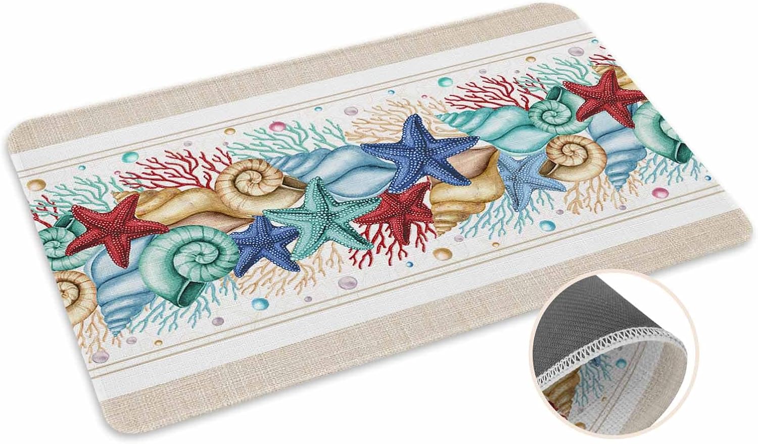 Coastal Beach Kitchen Mat for Floor Nautical Ocean Seashell Coral Starfish Kitchen Runner Rug Set of 2,Non Slip, Lake Blue Summer Anti Fatigue Comfort Standing Mat Kitchen,Sink,Laundry Room,Hallway