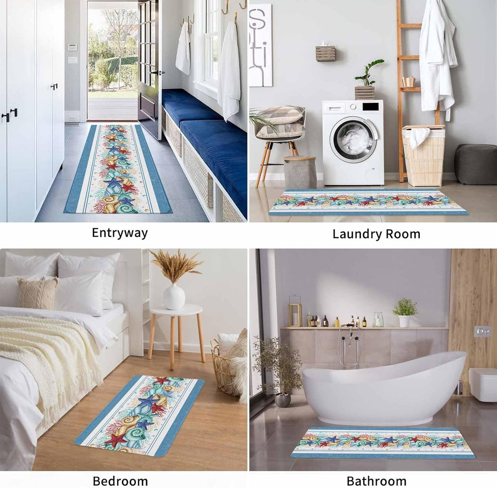 Coastal Beach Kitchen Mat for Floor Nautical Ocean Seashell Coral Starfish Kitchen Runner Rug Set of 2,Non Slip, Lake Blue Summer Anti Fatigue Comfort Standing Mat Kitchen,Sink,Laundry Room,Hallway