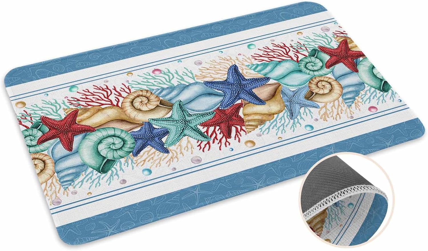 Coastal Beach Kitchen Mat for Floor Nautical Ocean Seashell Coral Starfish Kitchen Runner Rug Set of 2,Non Slip, Lake Blue Summer Anti Fatigue Comfort Standing Mat Kitchen,Sink,Laundry Room,Hallway