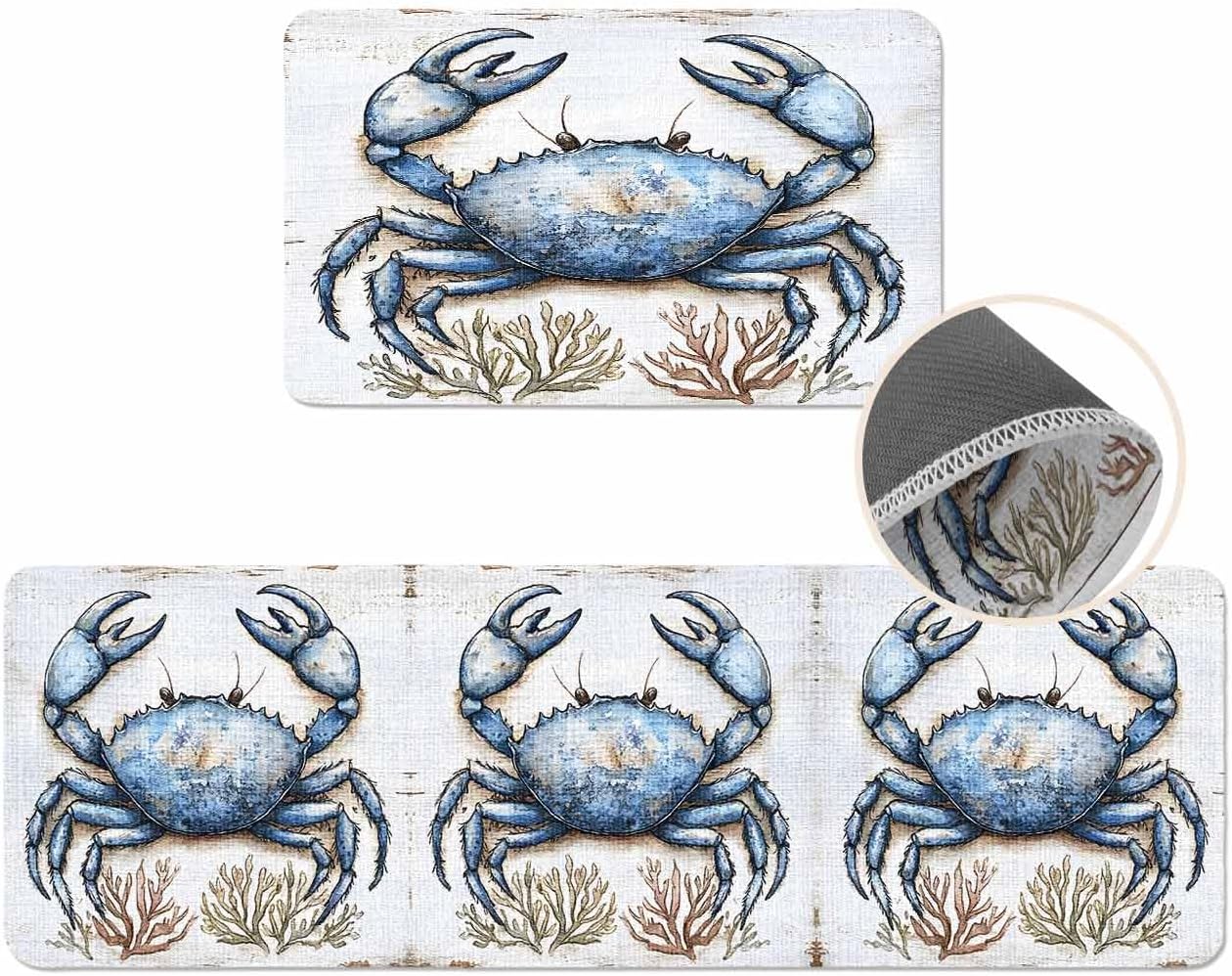 Ocean Crab Coral Kitchen Mat Set of 2, Cushioned Anti-Fatigue Kitchen Rugs, Waterproof & Non-Slipping Kitchen Mat for Floor, Summer Watercolor Kitchen Rugs and Mats for Kitchen Laundry