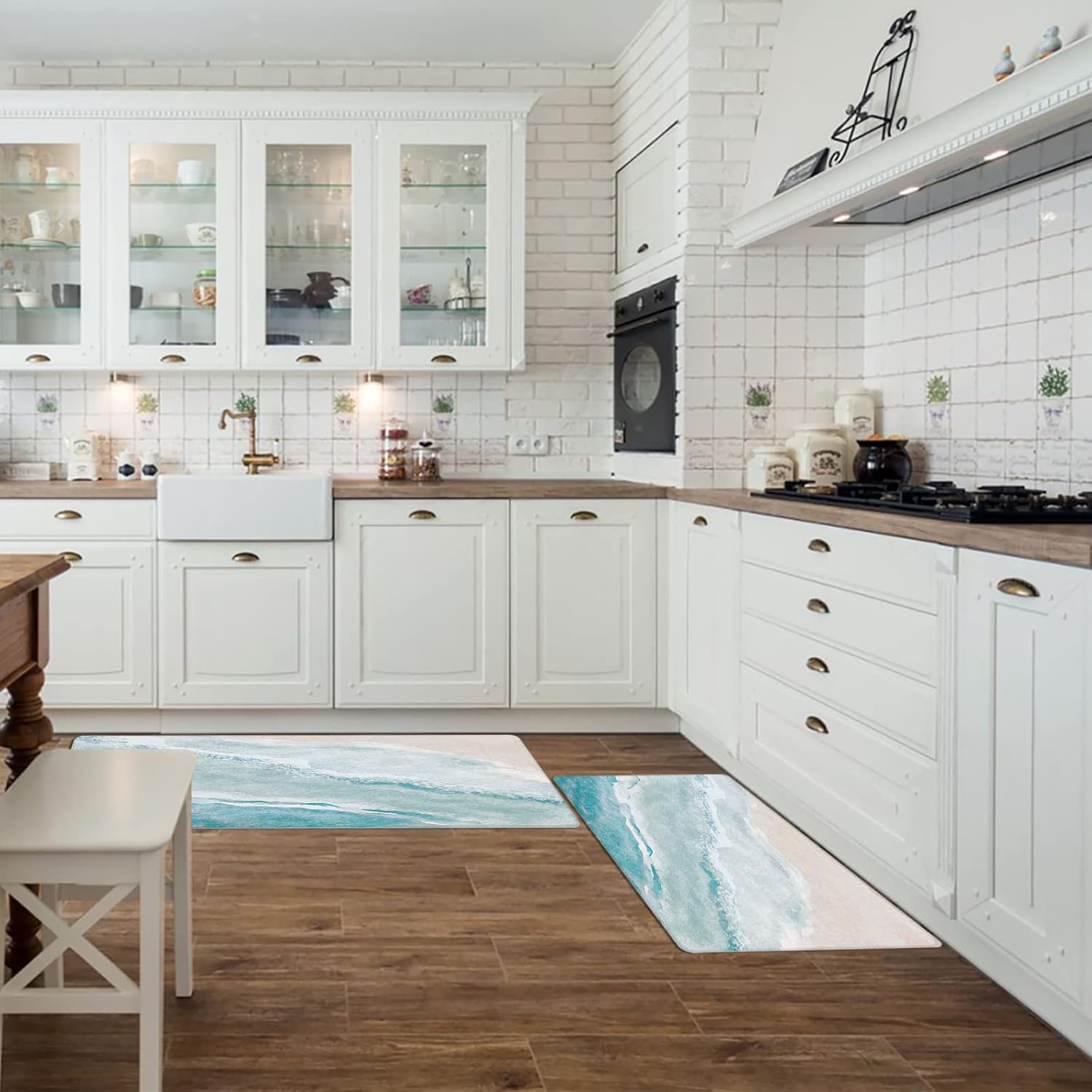 Kitchen Floor Mats, Watercolor Blue Ocean Beach 2 PCS Anti Fatigue Area Runner Rugs Set Oil Painting Coastal Seascape Non-Slip Bathroom Comfort Standing Mat Home Decor