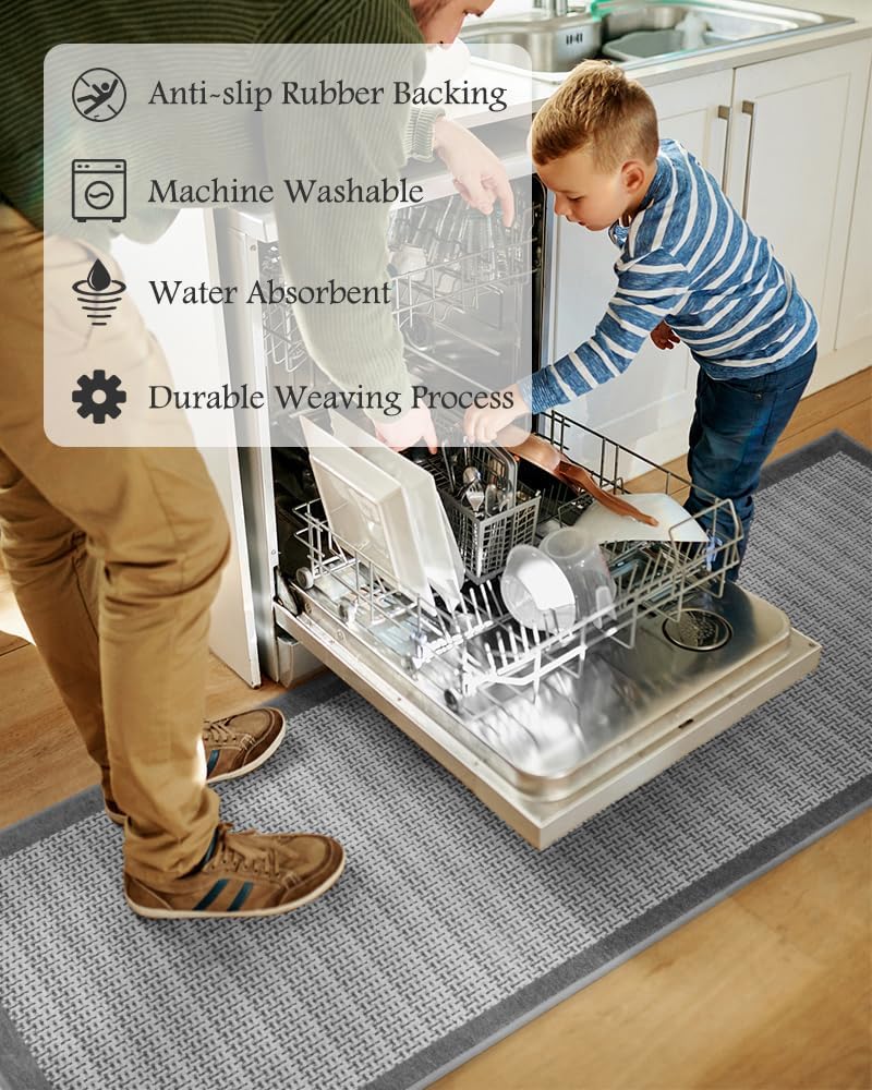 PADOOR Non Slip Kitchen Rugs Sets of 3 - Extra Large 2.5'x6' + 20"x32" + 20"x32" Runner Rugs for Kitchen Floor Non Skid Washable, Absorbent Kitchen Mat for in Front of Sink 3 Piece Grey