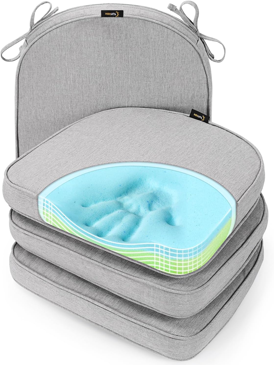 SUNROX Gel Memory Foam Chair Cushions, FadeShield Water-, Stain-Resistant Durable Reversible Seat Cushion Pads with Ties for Indoor/Outdoor Kitchen Dining Office, 17"x16", Set of 6, Heather Grey