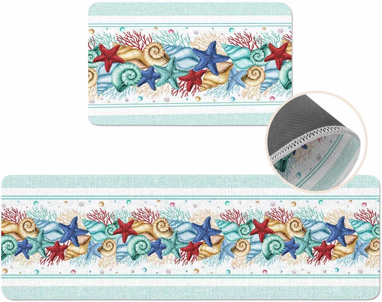 Coastal Beach Kitchen Mat for Floor Nautical Ocean Seashell Coral Starfish Kitchen Runner Rug Set of 2,Non Slip, Lake Blue Summer Anti Fatigue Comfort Standing Mat Kitchen,Sink,Laundry Room,Hallway