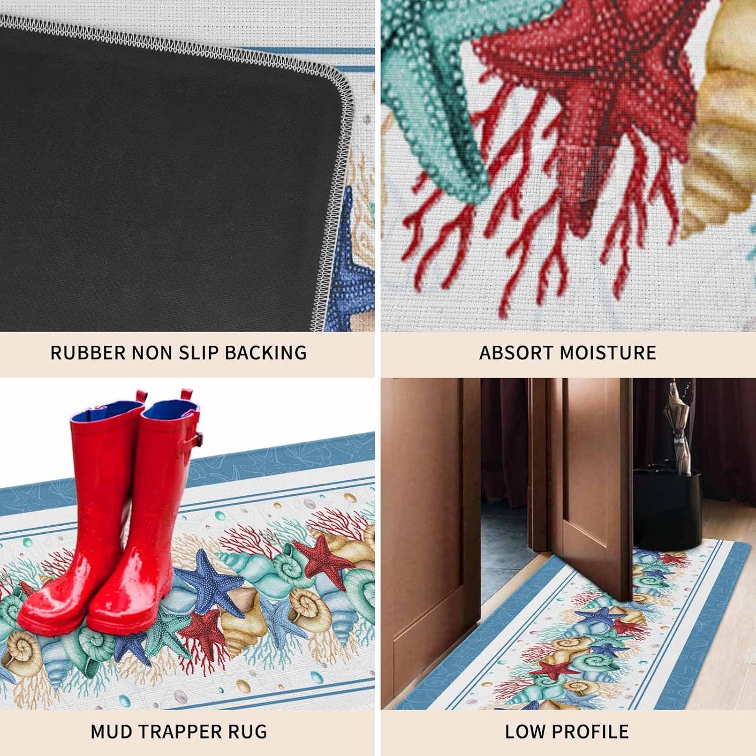 Coastal Beach Kitchen Mat for Floor Nautical Ocean Seashell Coral Starfish Kitchen Runner Rug Set of 2,Non Slip, Lake Blue Summer Anti Fatigue Comfort Standing Mat Kitchen,Sink,Laundry Room,Hallway
