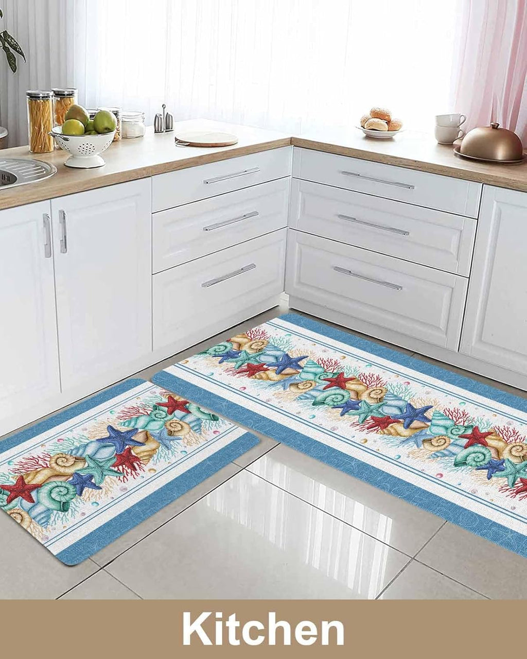 Coastal Beach Kitchen Mat for Floor Nautical Ocean Seashell Coral Starfish Kitchen Runner Rug Set of 2,Non Slip, Lake Blue Summer Anti Fatigue Comfort Standing Mat Kitchen,Sink,Laundry Room,Hallway