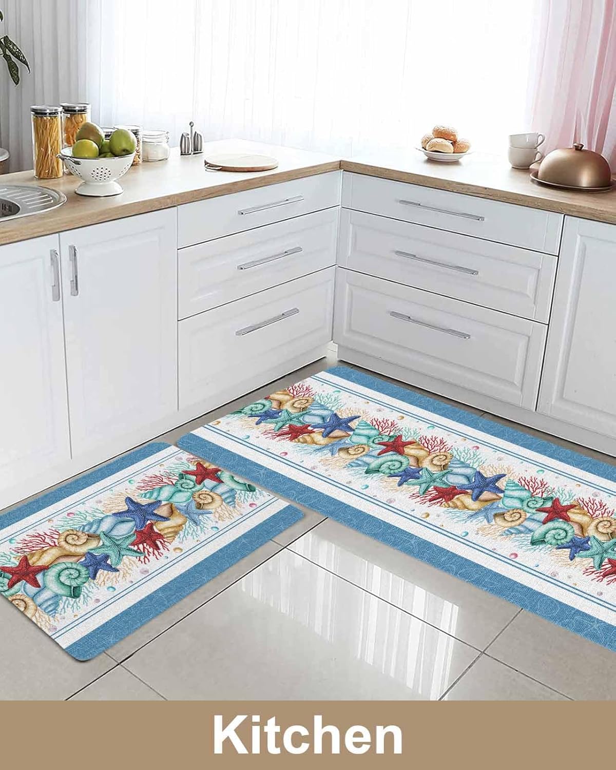 Coastal Beach Kitchen Mat for Floor Nautical Ocean Seashell Coral Starfish Kitchen Runner Rug Set of 2,Non Slip, Lake Blue Summer Anti Fatigue Comfort Standing Mat Kitchen,Sink,Laundry Room,Hallway