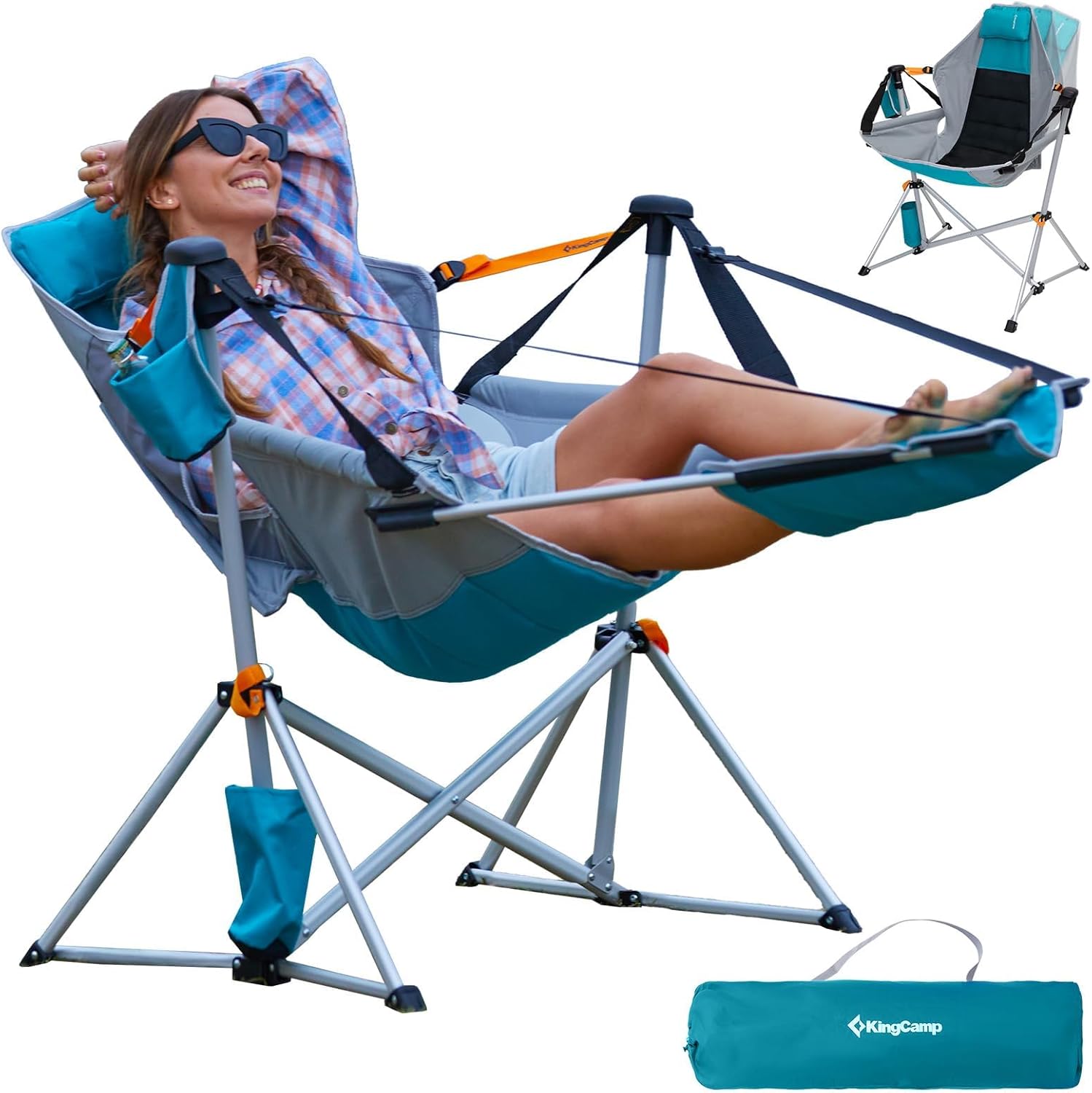 KingCamp Hammock Chair with Footrest, Swinging Portable Folding Camping Chairs for Adults MAX 440lbs Heavy Duty Foldable Oversized Rocker with Cup Holder Pillow for Outdoor Beach Patio Sport Lawn