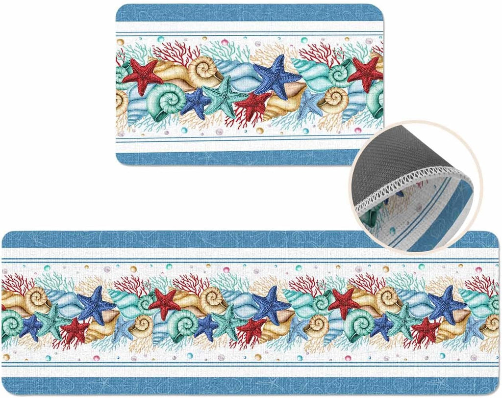 Coastal Beach Kitchen Mat for Floor Nautical Ocean Seashell Coral Starfish Kitchen Runner Rug Set of 2,Non Slip, Lake Blue Summer Anti Fatigue Comfort Standing Mat Kitchen,Sink,Laundry Room,Hallway
