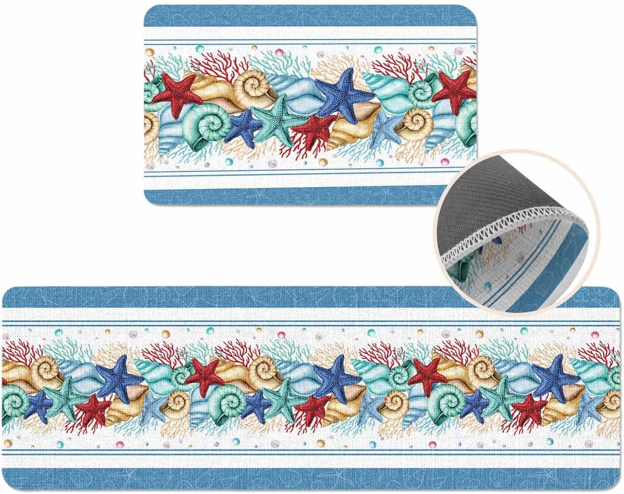 Coastal Beach Kitchen Mat for Floor Nautical Ocean Seashell Coral Starfish Kitchen Runner Rug Set of 2,Non Slip, Lake Blue Summer Anti Fatigue Comfort Standing Mat Kitchen,Sink,Laundry Room,Hallway