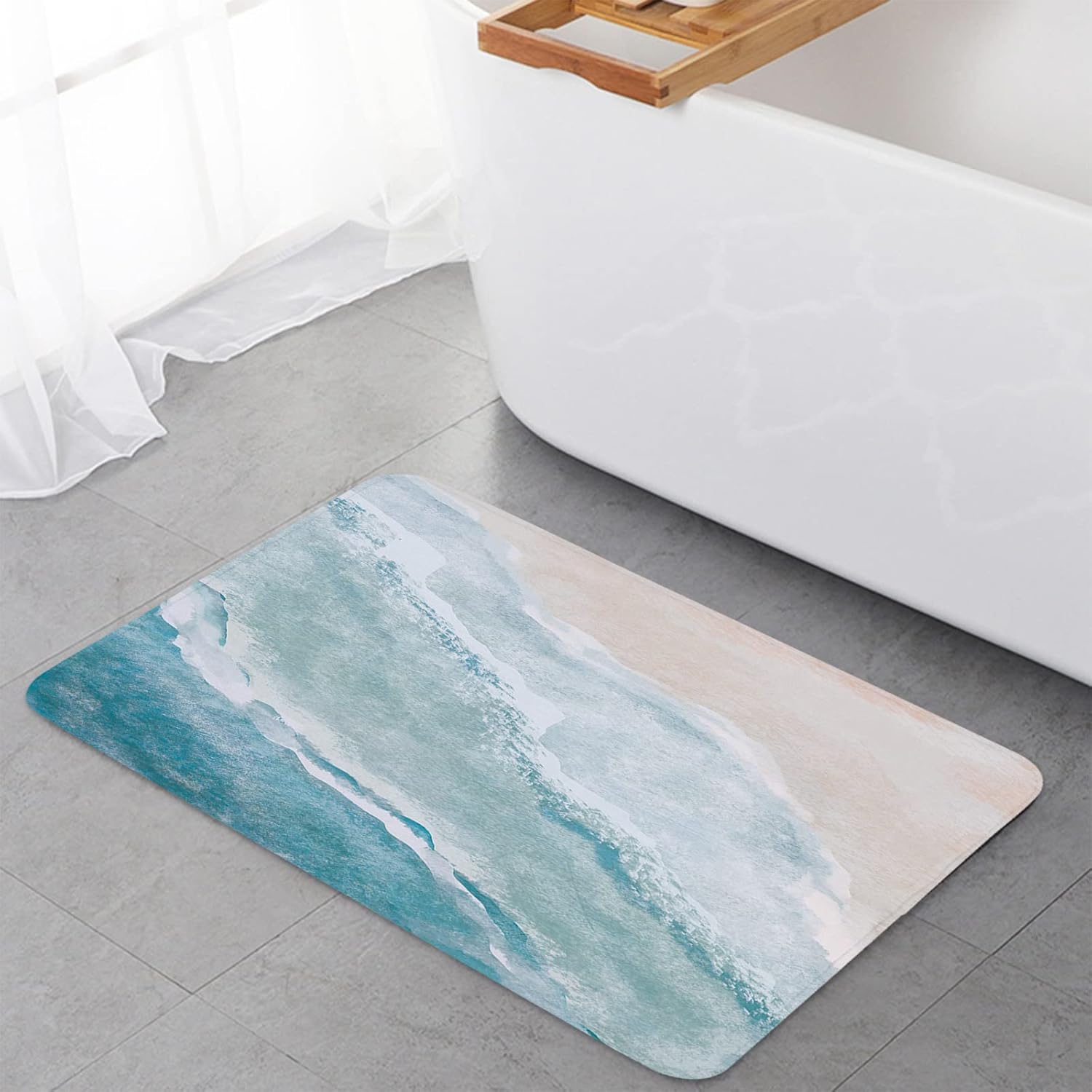 Kitchen Floor Mats, Watercolor Blue Ocean Beach 2 PCS Anti Fatigue Area Runner Rugs Set Oil Painting Coastal Seascape Non-Slip Bathroom Comfort Standing Mat Home Decor