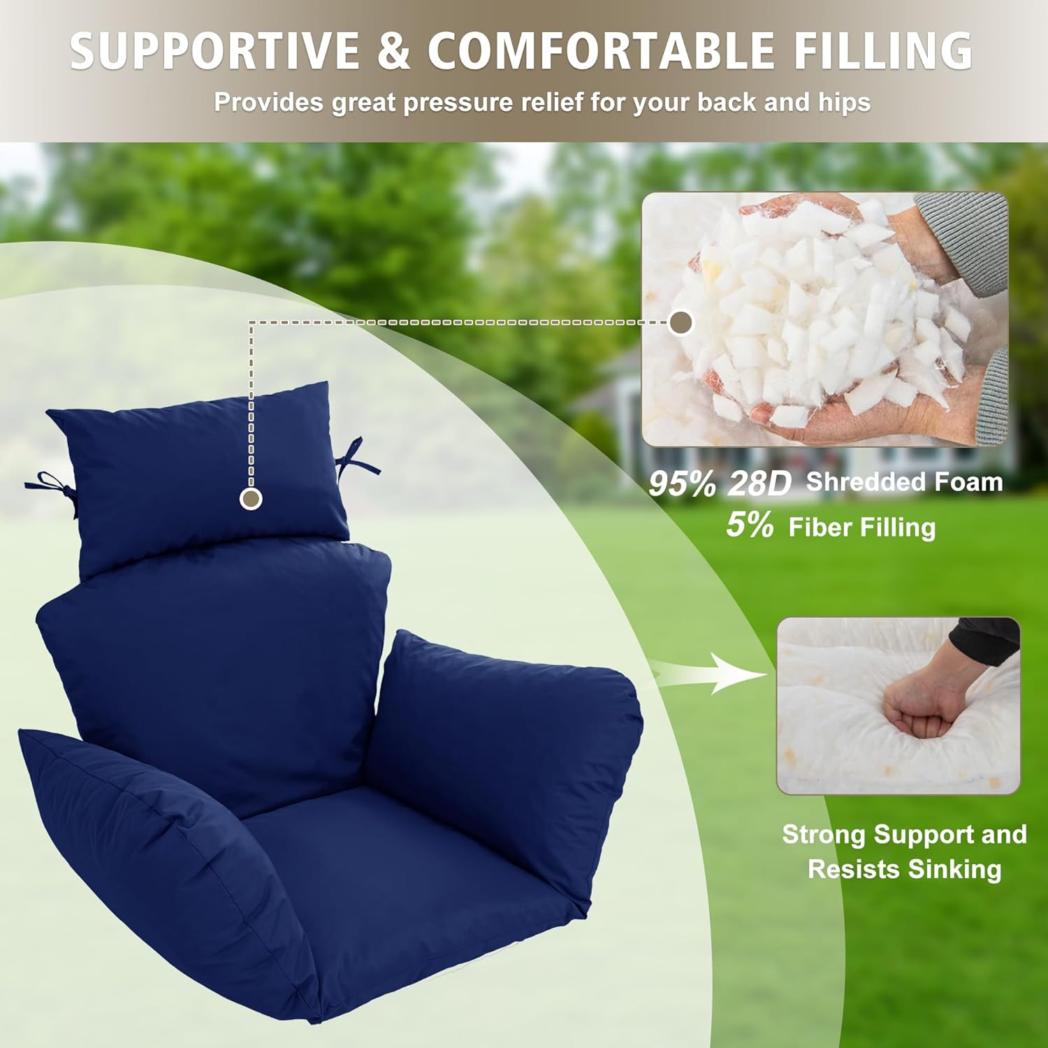 Egg Chair Cushion – Outdoor Hanging Chair Cushion, Replacement Cushions for Patio Swing, Waterproof, Fade- Resistant, Removable & Machine Washable Cover, Navy Blue