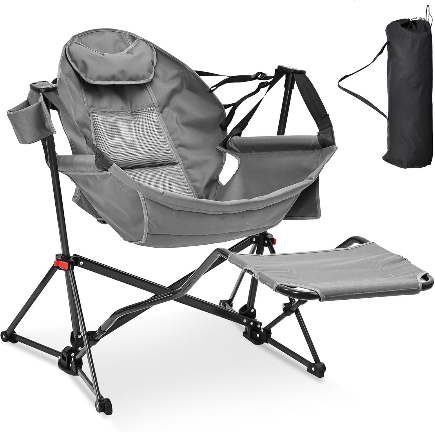 Ainfox Hammock Camping Chair with Footrest, Foldable Portable Rocking Chairs for Adults Outside Swinging Camp with Cup Holder Pillow for Outdoor Patio Poolside (Black)