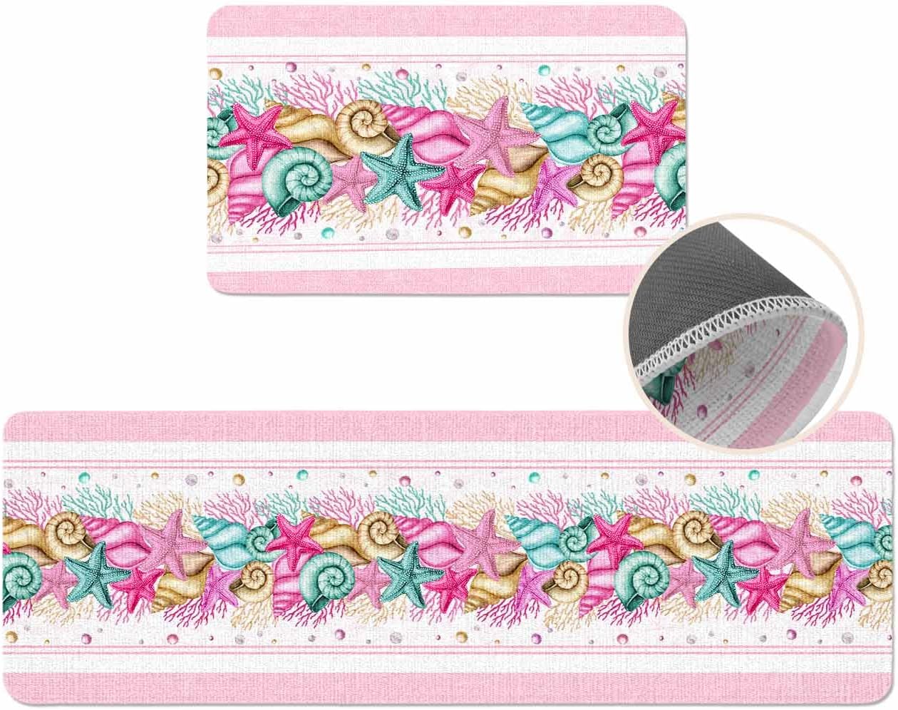 Coastal Beach Kitchen Mat for Floor Nautical Ocean Seashell Coral Starfish Kitchen Runner Rug Set of 2,Non Slip, Lake Blue Summer Anti Fatigue Comfort Standing Mat Kitchen,Sink,Laundry Room,Hallway