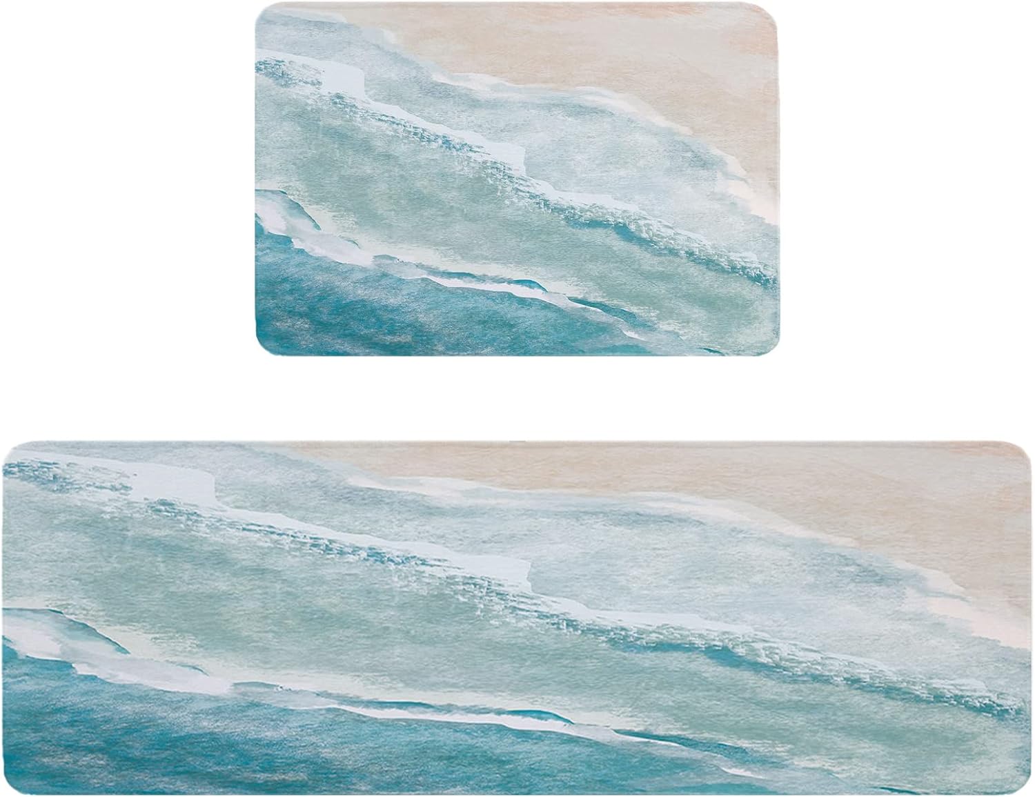 Kitchen Floor Mats, Watercolor Blue Ocean Beach 2 PCS Anti Fatigue Area Runner Rugs Set Oil Painting Coastal Seascape Non-Slip Bathroom Comfort Standing Mat Home Decor