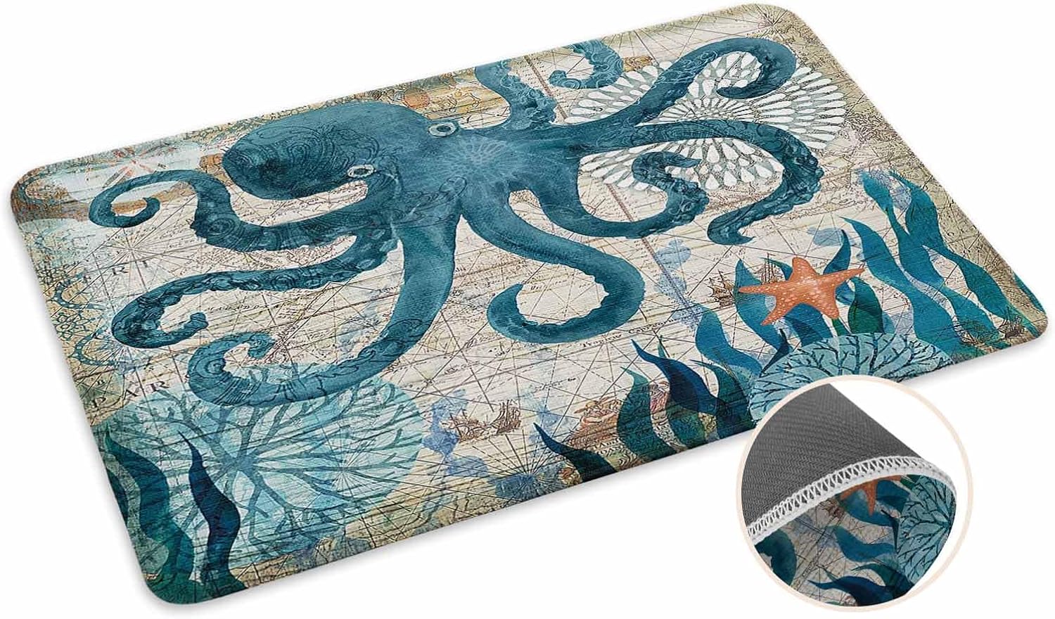 Coastal Beach Kitchen Mat for Floor Nautical Ocean Seashell Coral Starfish Kitchen Runner Rug Set of 2,Non Slip, Lake Blue Summer Anti Fatigue Comfort Standing Mat Kitchen,Sink,Laundry Room,Hallway