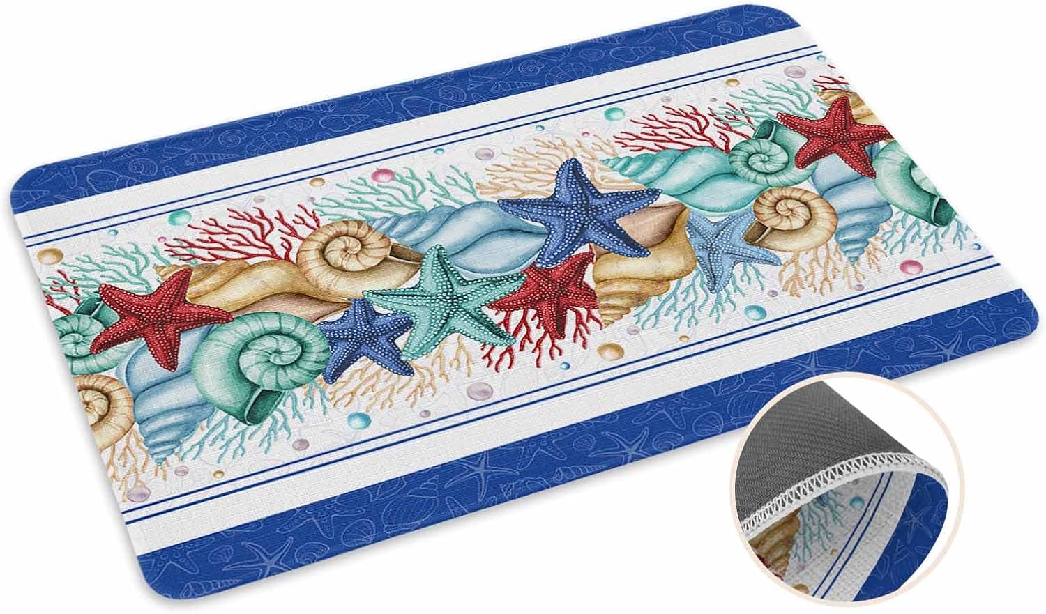 Coastal Beach Kitchen Mat for Floor Nautical Ocean Seashell Coral Starfish Kitchen Runner Rug Set of 2,Non Slip, Lake Blue Summer Anti Fatigue Comfort Standing Mat Kitchen,Sink,Laundry Room,Hallway