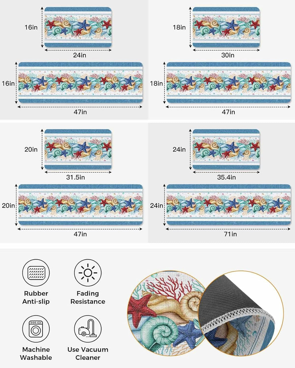 Coastal Beach Kitchen Mat for Floor Nautical Ocean Seashell Coral Starfish Kitchen Runner Rug Set of 2,Non Slip, Lake Blue Summer Anti Fatigue Comfort Standing Mat Kitchen,Sink,Laundry Room,Hallway