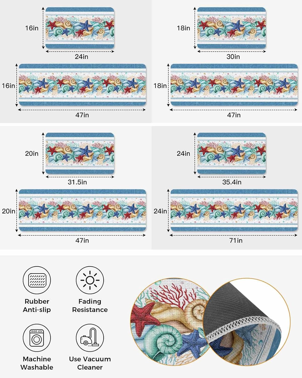 Coastal Beach Kitchen Mat for Floor Nautical Ocean Seashell Coral Starfish Kitchen Runner Rug Set of 2,Non Slip, Lake Blue Summer Anti Fatigue Comfort Standing Mat Kitchen,Sink,Laundry Room,Hallway