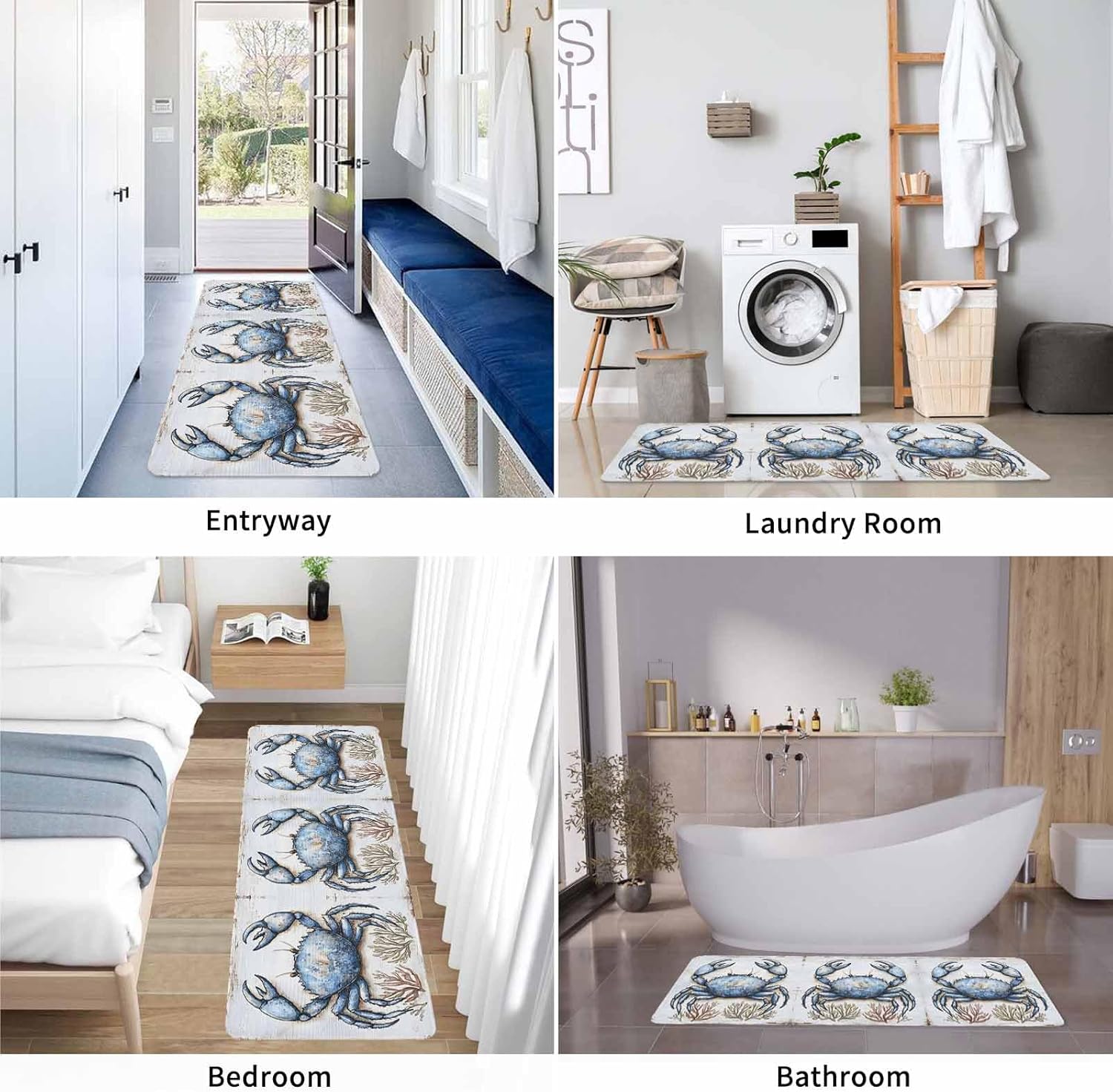 Ocean Crab Coral Kitchen Mat Set of 2, Cushioned Anti-Fatigue Kitchen Rugs, Waterproof & Non-Slipping Kitchen Mat for Floor, Summer Watercolor Kitchen Rugs and Mats for Kitchen Laundry