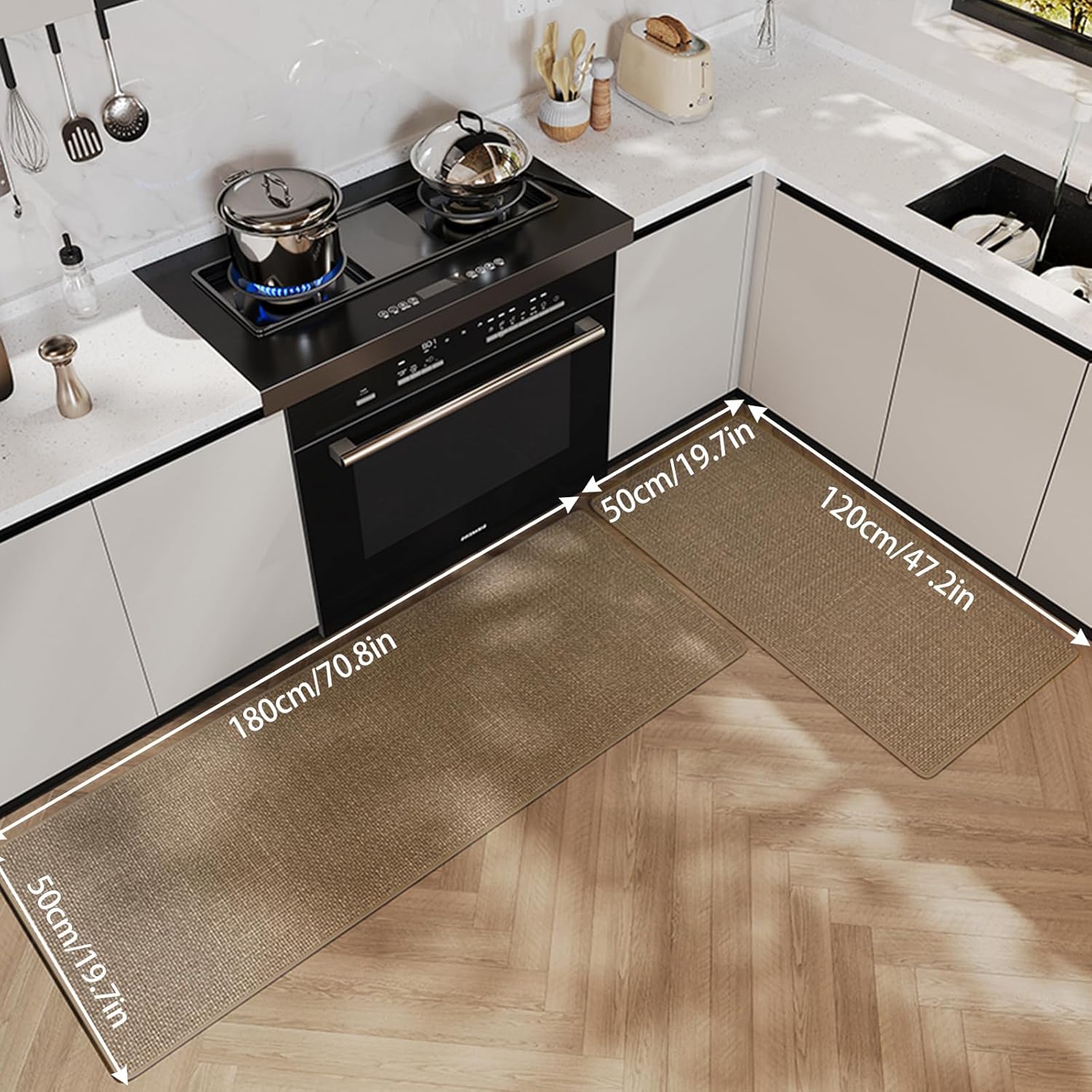 Kitchen Mats for Floor 2 Piece (Khaki Rug, 47.2“×19.7“+70.8“×19.7“), Kitchen Rugs Non Slip Washable Long Hallway Runner Corner L Shaped Rug Set, Non Slip Runner Rug Door Mat Bathroom Laundry Room