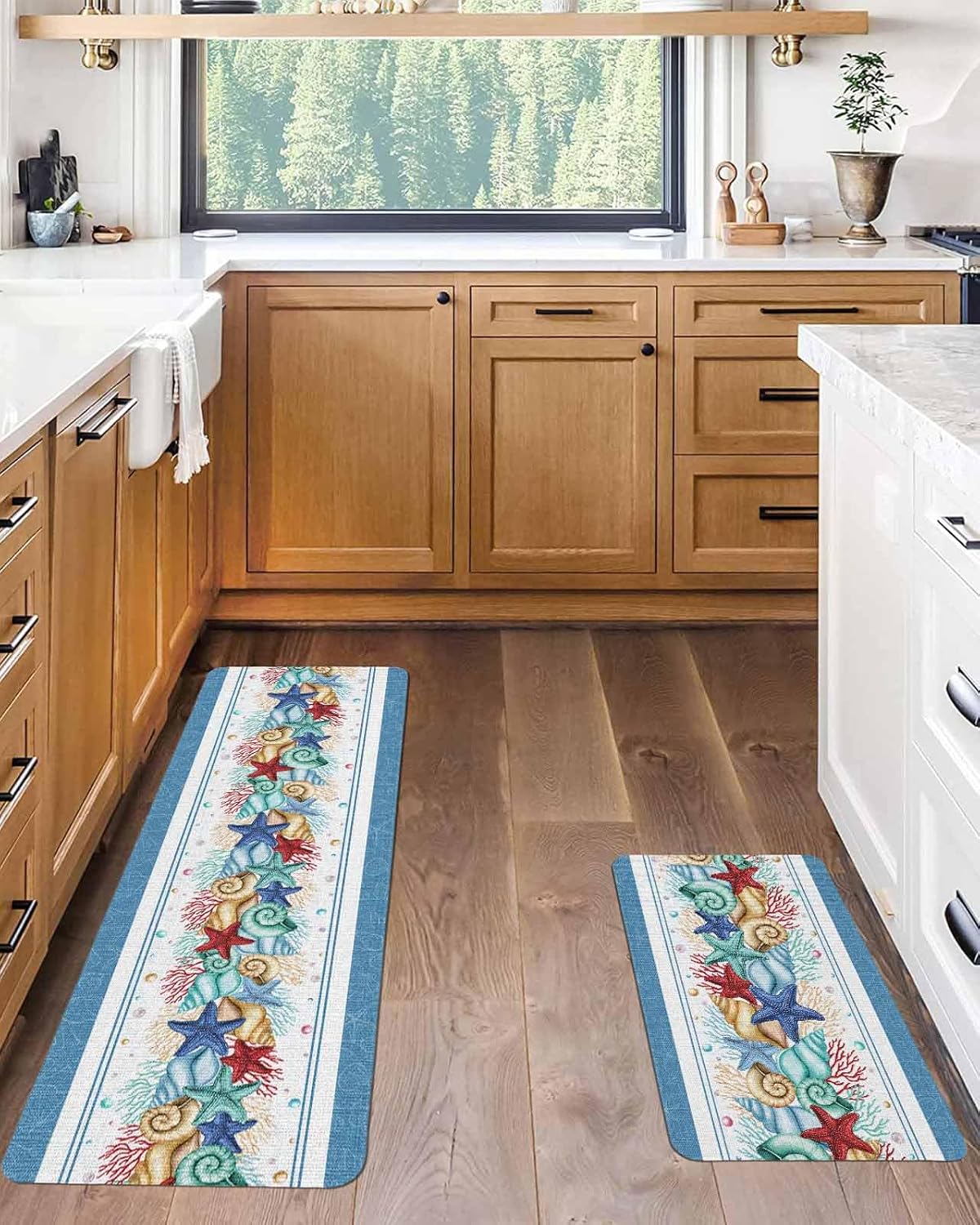 Coastal Beach Kitchen Mat for Floor Nautical Ocean Seashell Coral Starfish Kitchen Runner Rug Set of 2,Non Slip, Lake Blue Summer Anti Fatigue Comfort Standing Mat Kitchen,Sink,Laundry Room,Hallway