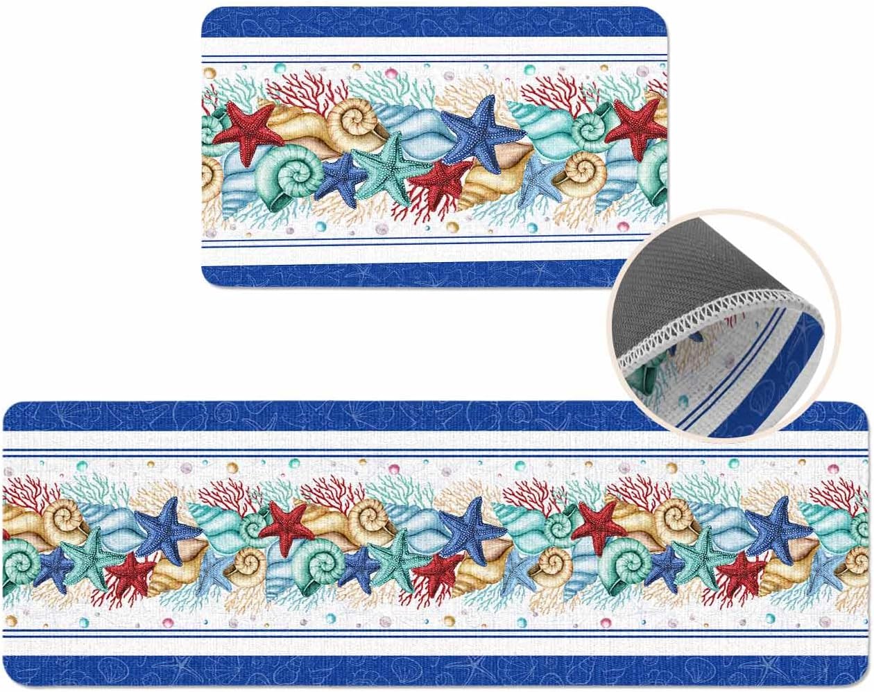 Coastal Beach Kitchen Mat for Floor Nautical Ocean Seashell Coral Starfish Kitchen Runner Rug Set of 2,Non Slip, Lake Blue Summer Anti Fatigue Comfort Standing Mat Kitchen,Sink,Laundry Room,Hallway