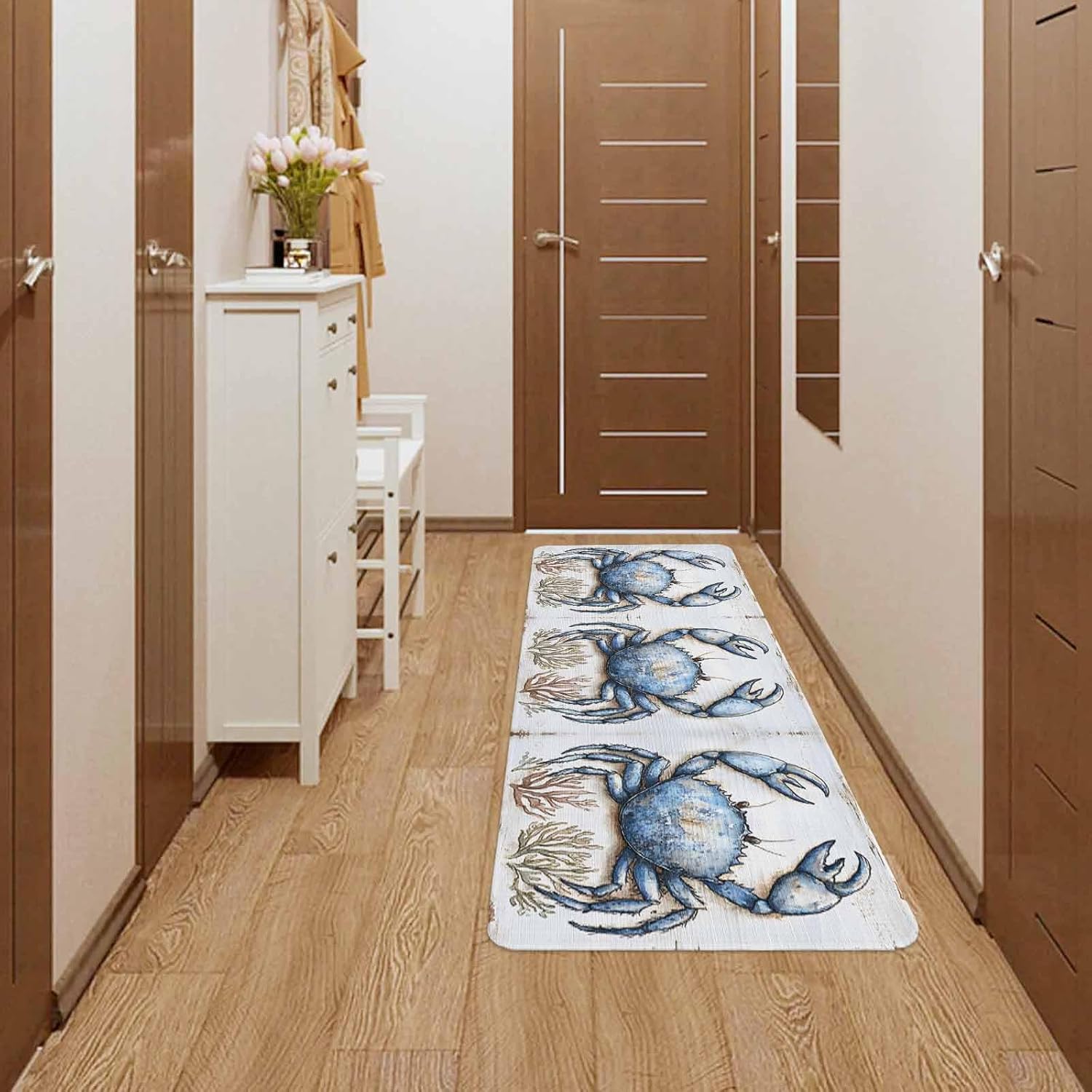 Ocean Crab Coral Kitchen Mat Set of 2, Cushioned Anti-Fatigue Kitchen Rugs, Waterproof & Non-Slipping Kitchen Mat for Floor, Summer Watercolor Kitchen Rugs and Mats for Kitchen Laundry