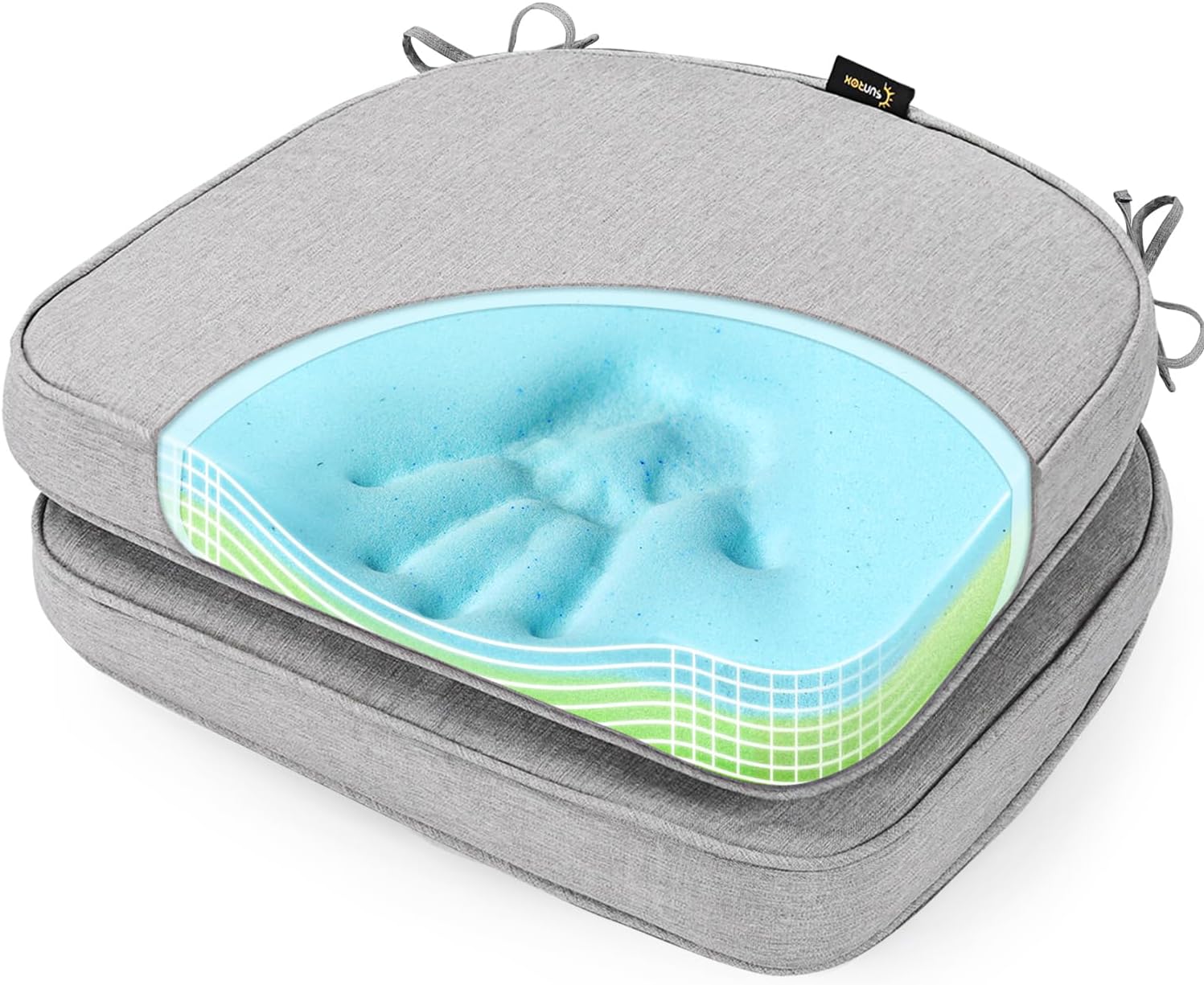 SUNROX Gel Memory Foam Chair Cushions, FadeShield Water-, Stain-Resistant Durable Reversible Seat Cushion Pads with Ties for Indoor/Outdoor Kitchen Dining Office, 17"x16", Set of 6, Heather Grey