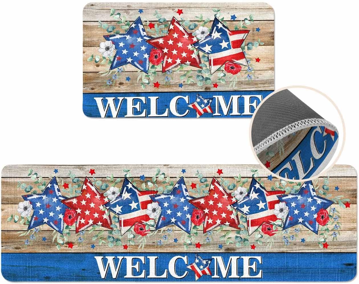 Coastal Beach Kitchen Mat for Floor Nautical Ocean Seashell Coral Starfish Kitchen Runner Rug Set of 2,Non Slip, Lake Blue Summer Anti Fatigue Comfort Standing Mat Kitchen,Sink,Laundry Room,Hallway