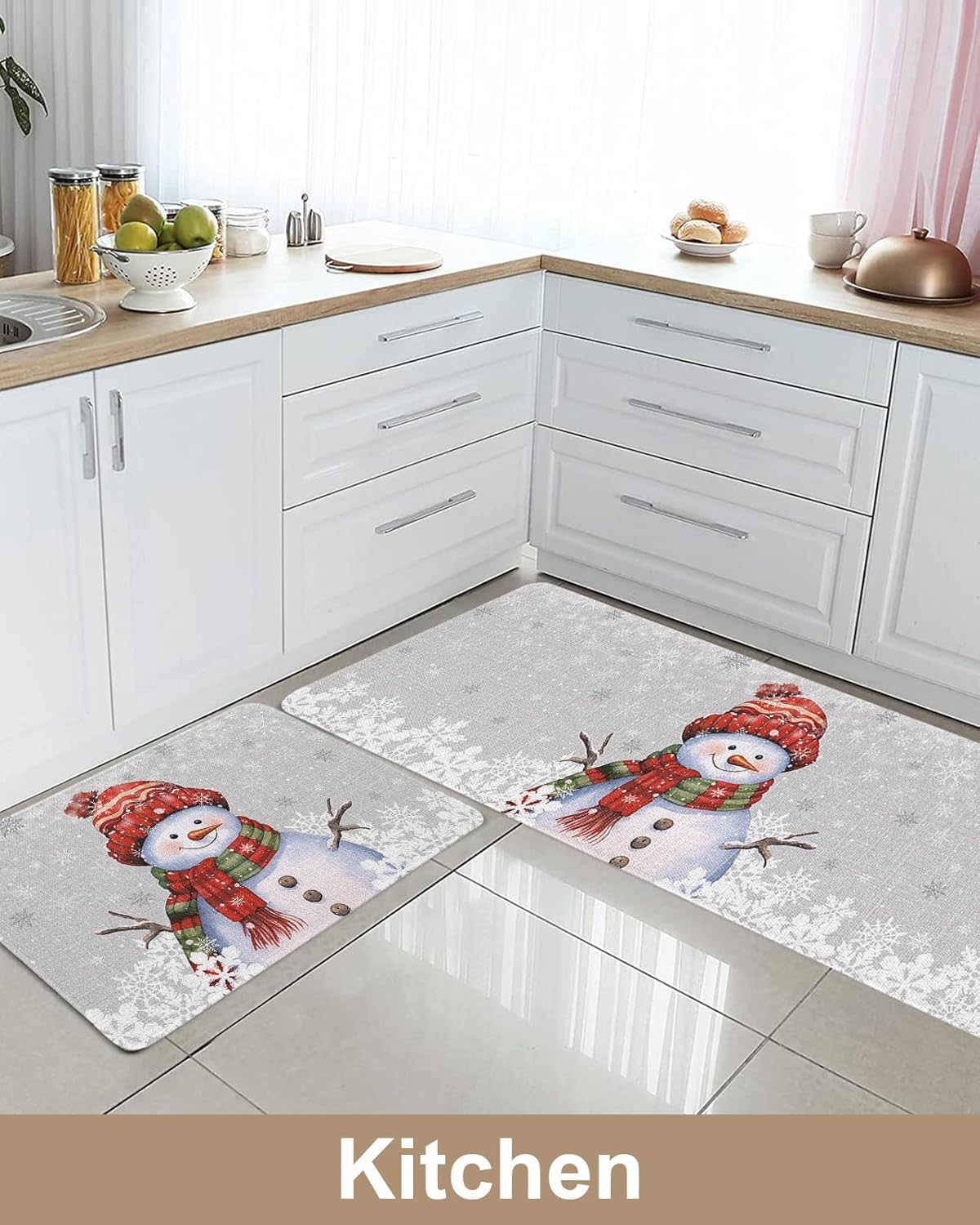 Christmas Snowman Snowflake Kitchen Mat Set of 2,Anti-Fatigue Kitchen Rugs,Waterproof Non-Slipping Kitchen Mat for Floor,Grey White Winter Holiday Durable Kitchen Rugs and Mats for Kitchen & Laundry
