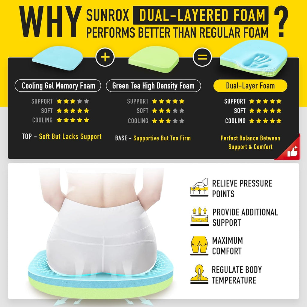 SUNROX Gel Memory Foam Chair Cushions, FadeShield Water-, Stain-Resistant Durable Reversible Seat Cushion Pads with Ties for Indoor/Outdoor Kitchen Dining Office, 17"x16", Set of 6, Heather Grey