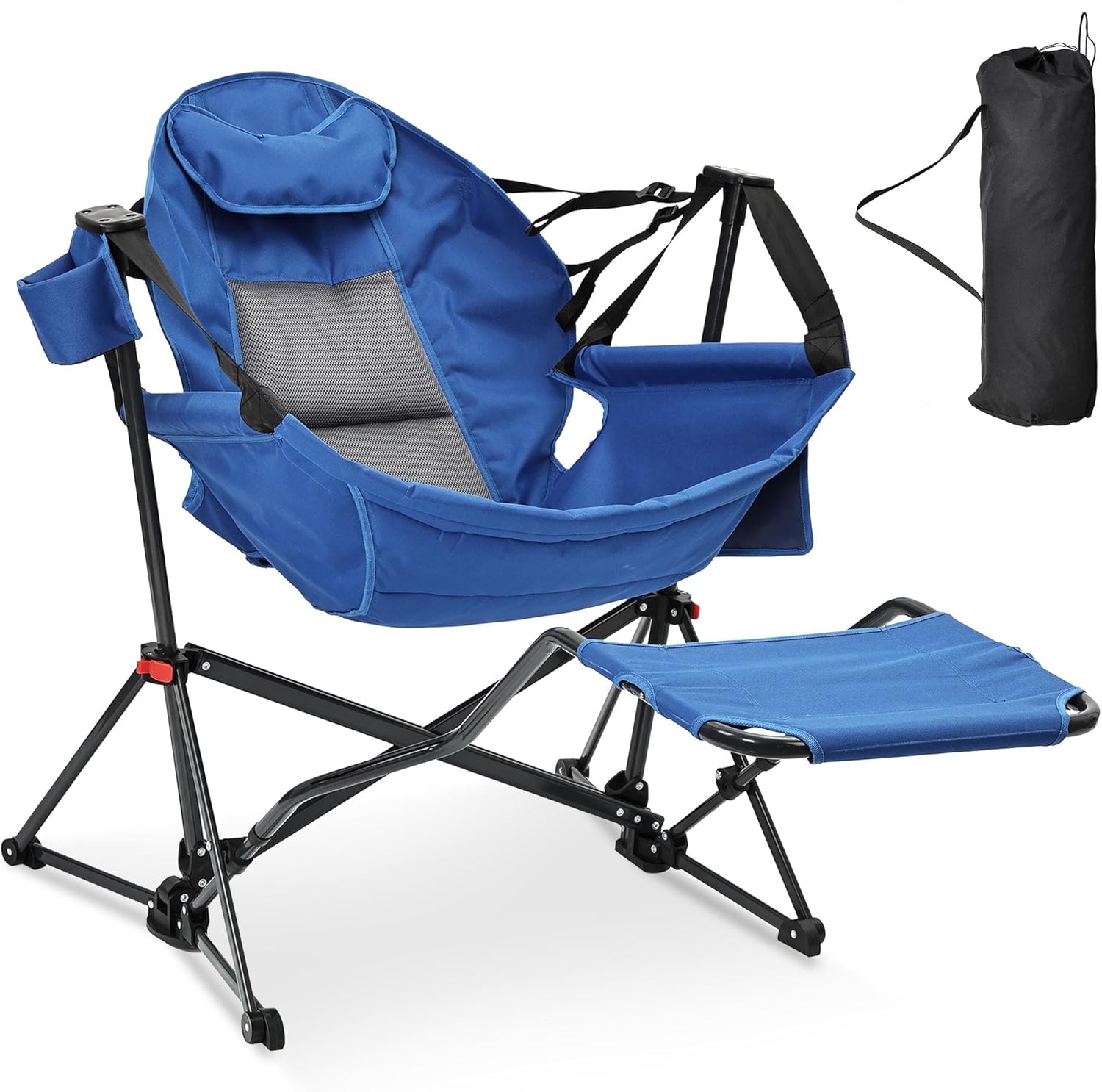 Ainfox Hammock Camping Chair with Footrest, Foldable Portable Rocking Chairs for Adults Outside Swinging Camp with Cup Holder Pillow for Outdoor Patio Poolside (Black)