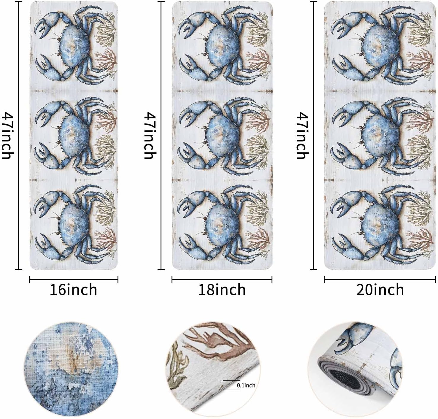 Ocean Crab Coral Kitchen Mat Set of 2, Cushioned Anti-Fatigue Kitchen Rugs, Waterproof & Non-Slipping Kitchen Mat for Floor, Summer Watercolor Kitchen Rugs and Mats for Kitchen Laundry