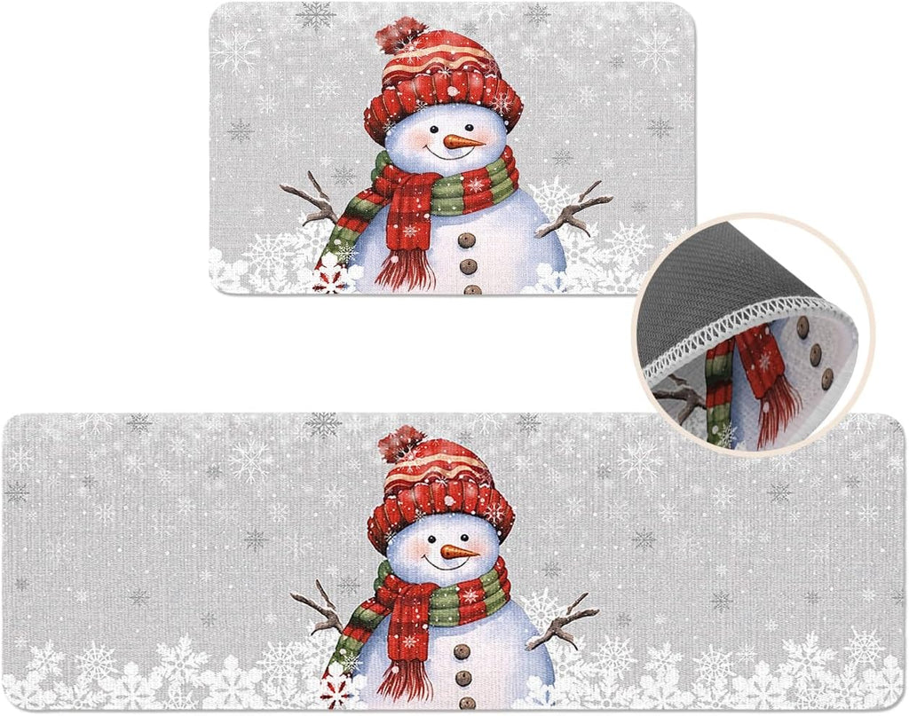 Christmas Snowman Snowflake Kitchen Mat Set of 2,Anti-Fatigue Kitchen Rugs,Waterproof Non-Slipping Kitchen Mat for Floor,Grey White Winter Holiday Durable Kitchen Rugs and Mats for Kitchen & Laundry